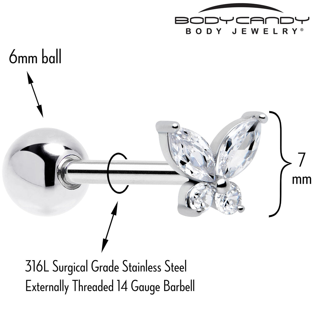 BodyCandy Clear CZ Gem Open Wing Butterfly Barbell Tongue Ring — detail close-up