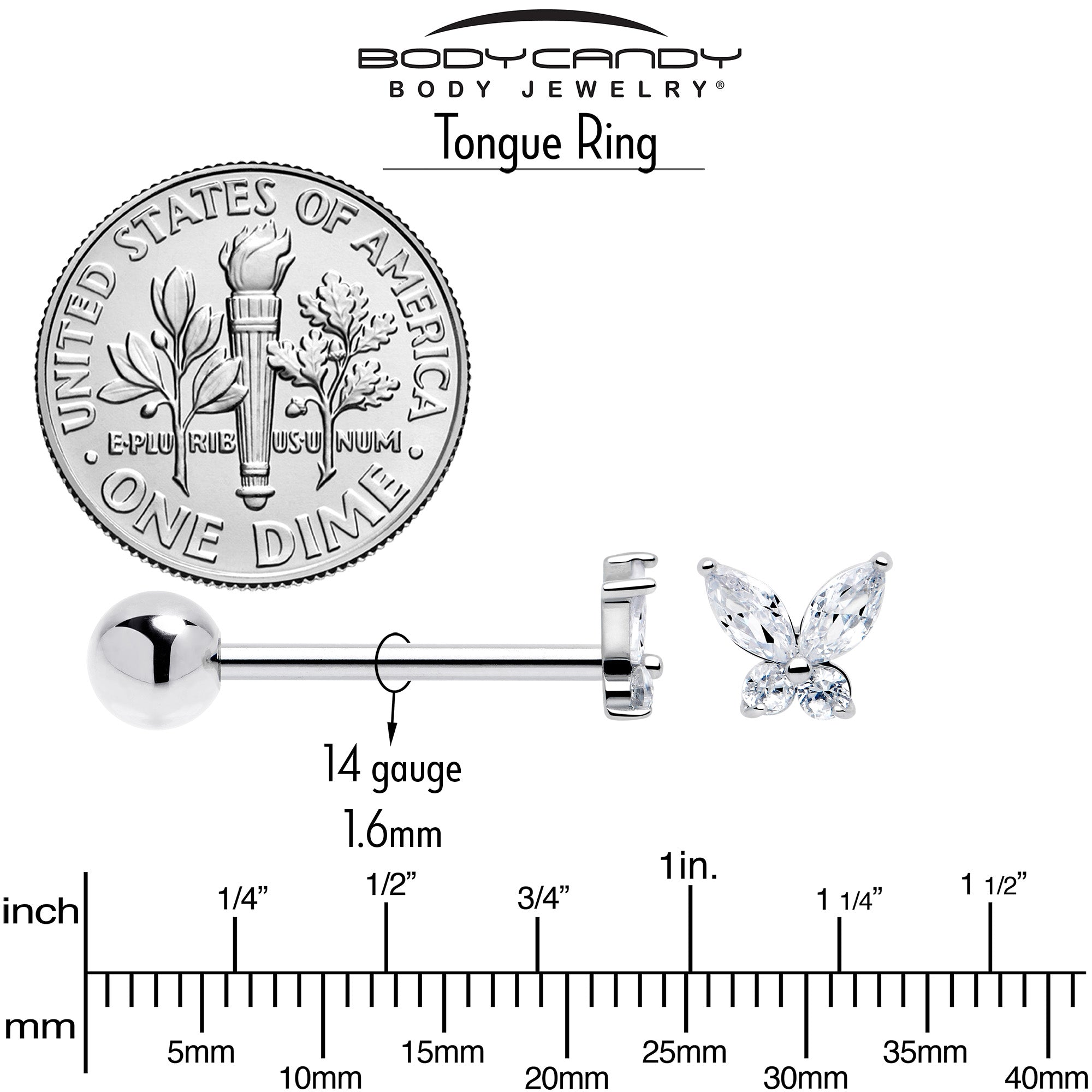 BodyCandy Clear CZ Gem Open Wing Butterfly Barbell Tongue Ring — back view