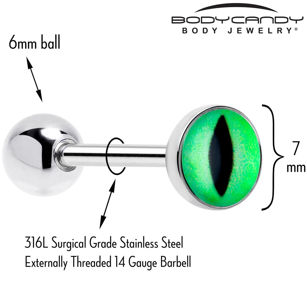 BodyCandy Kitty Green Eye UV Reactive Barbell Tongue Ring — detail close-up