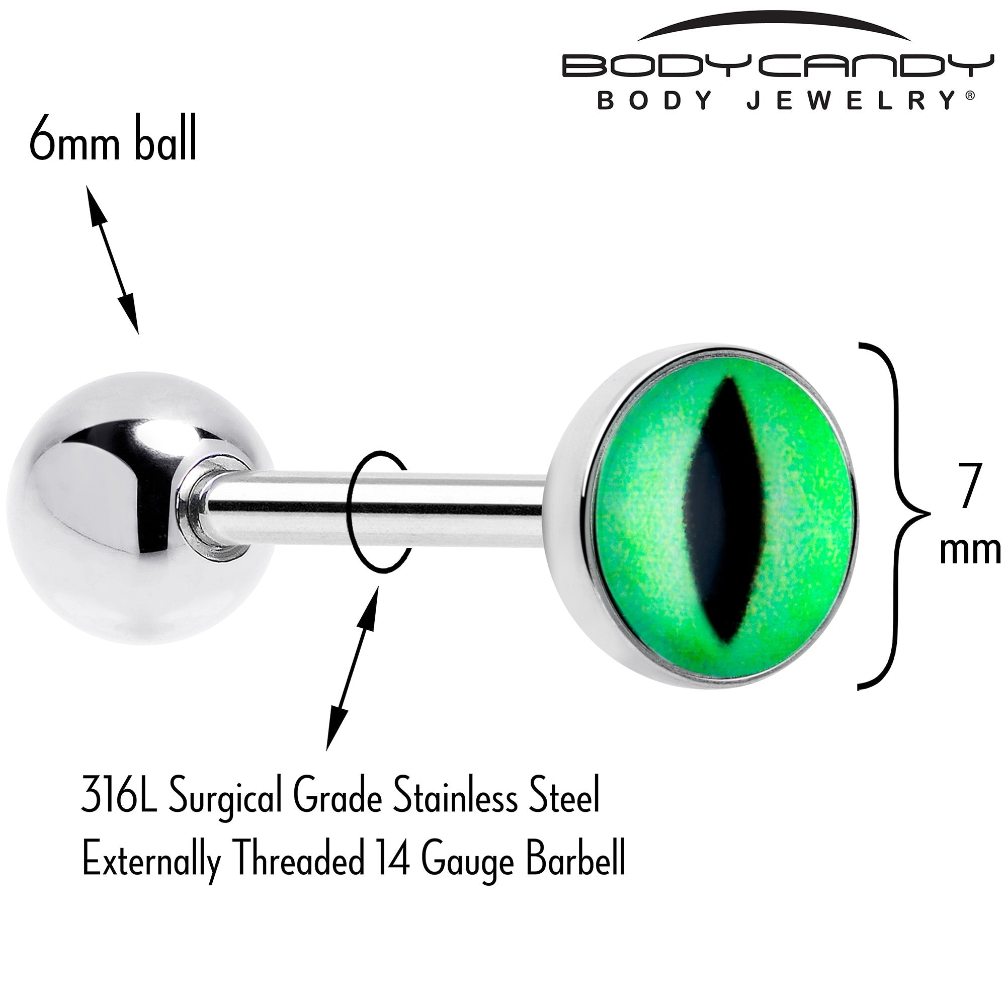 BodyCandy Kitty Green Eye UV Reactive Barbell Tongue Ring — detail close-up