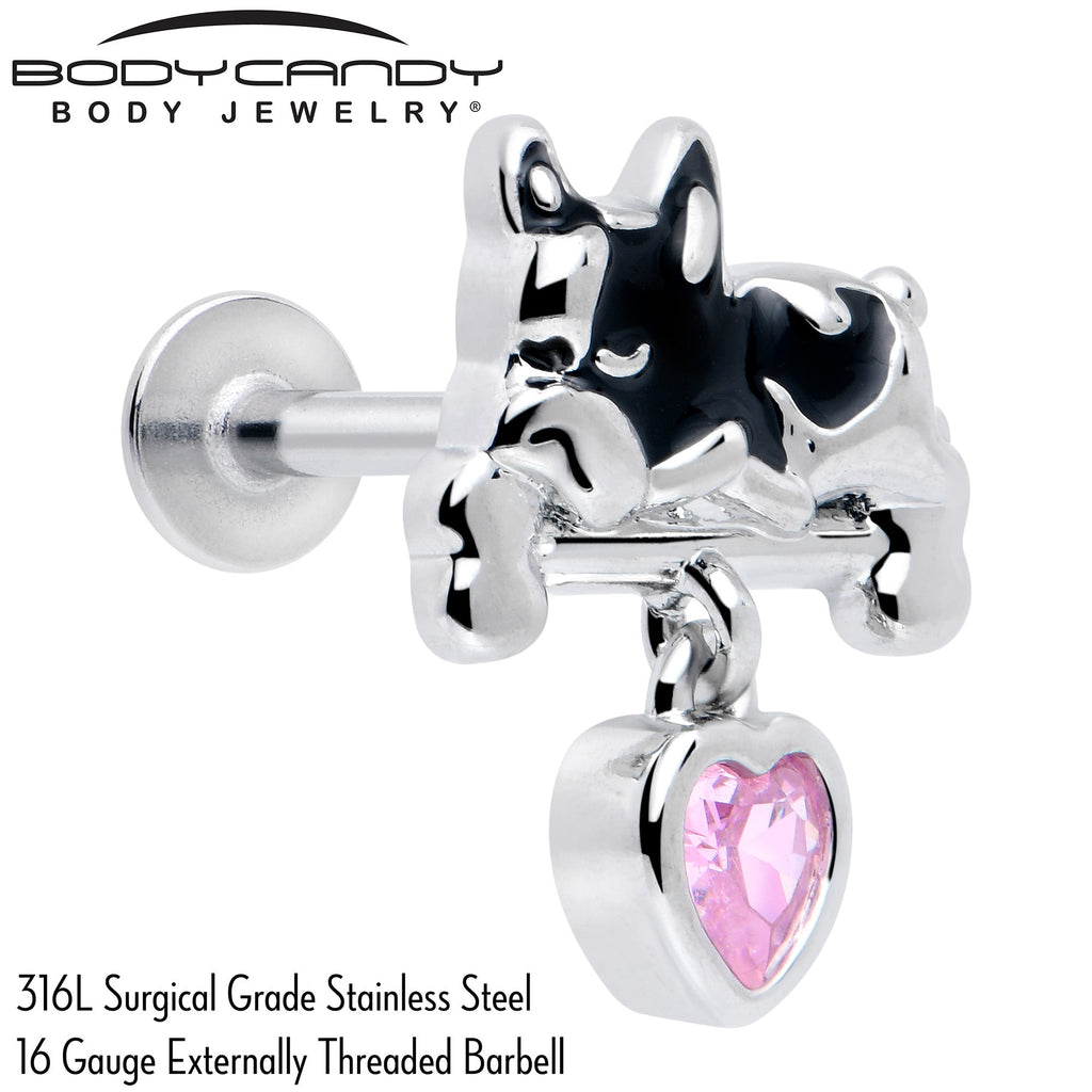 BodyCandy 16G 5/16 Pink Gem Sleepy French Bulldog Dangle Labret Monroe Tragus — detail close-up