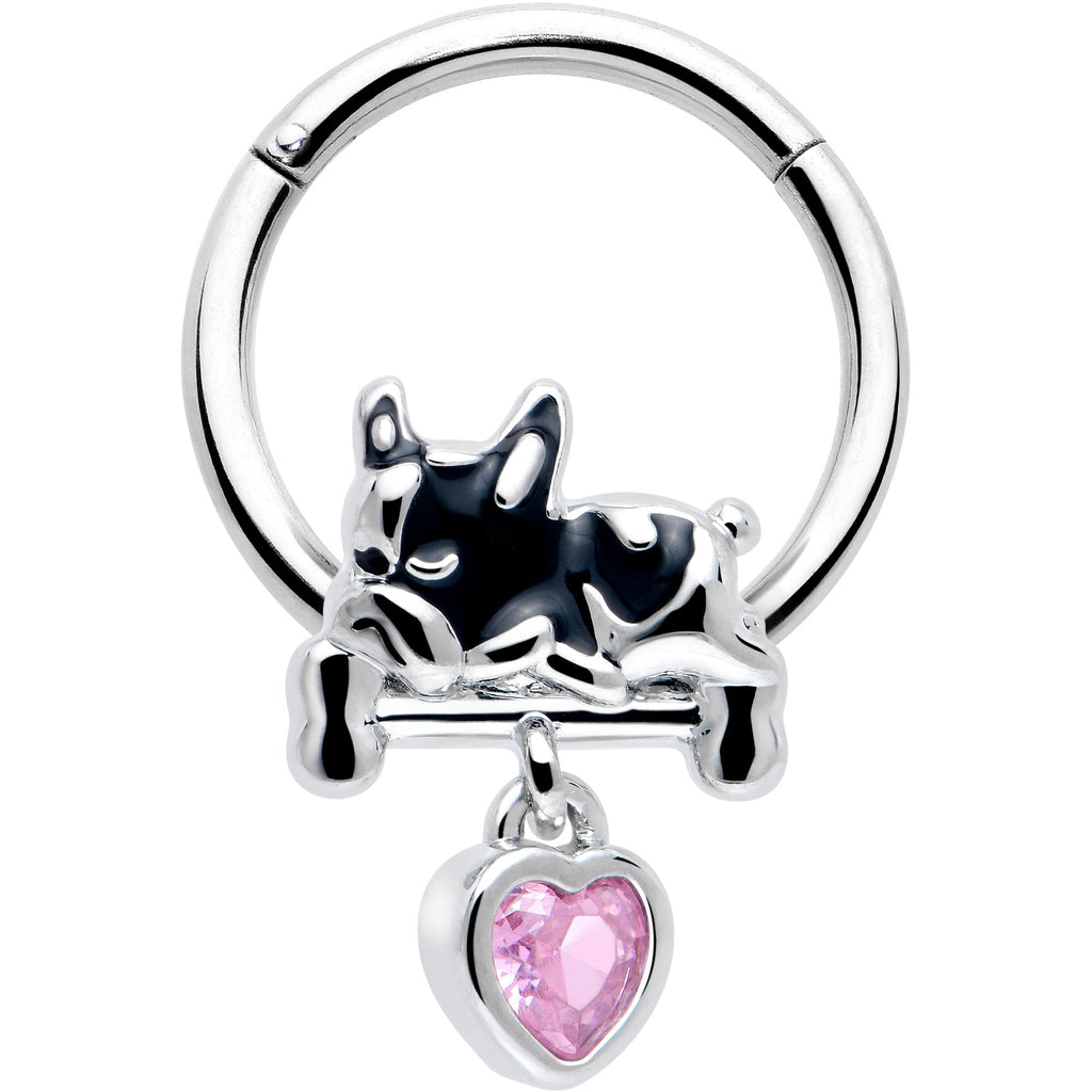 BodyCandy 16G 3/8 Pink CZ Gem Sleepy French Bulldog Dangle Hinged Segment Ring — main product shot