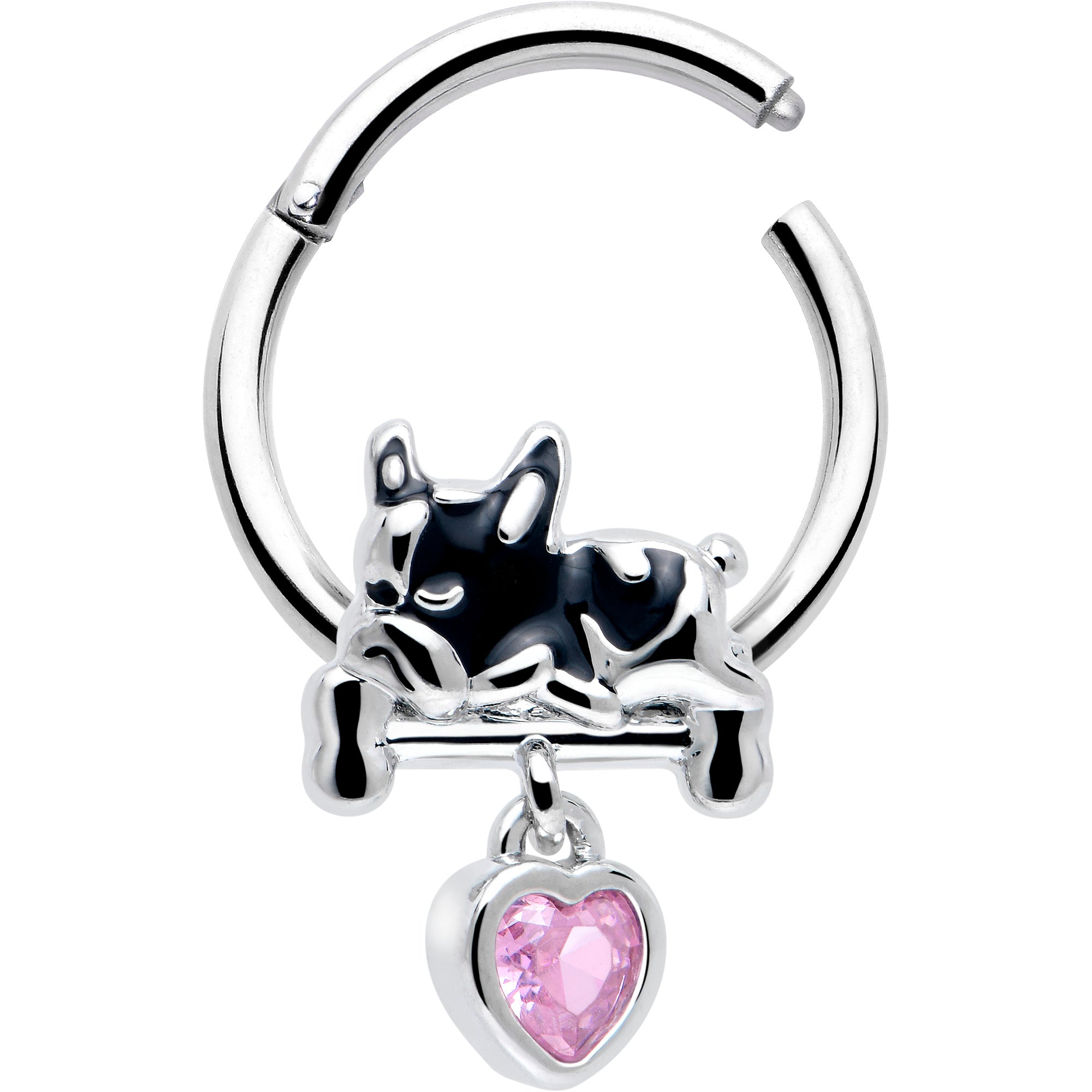 BodyCandy 16G 3/8 Pink CZ Gem Sleepy French Bulldog Dangle Hinged Segment Ring — detail close-up