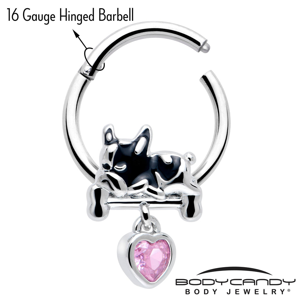 BodyCandy 16G 3/8 Pink CZ Gem Sleepy French Bulldog Dangle Hinged Segment Ring — lifestyle context