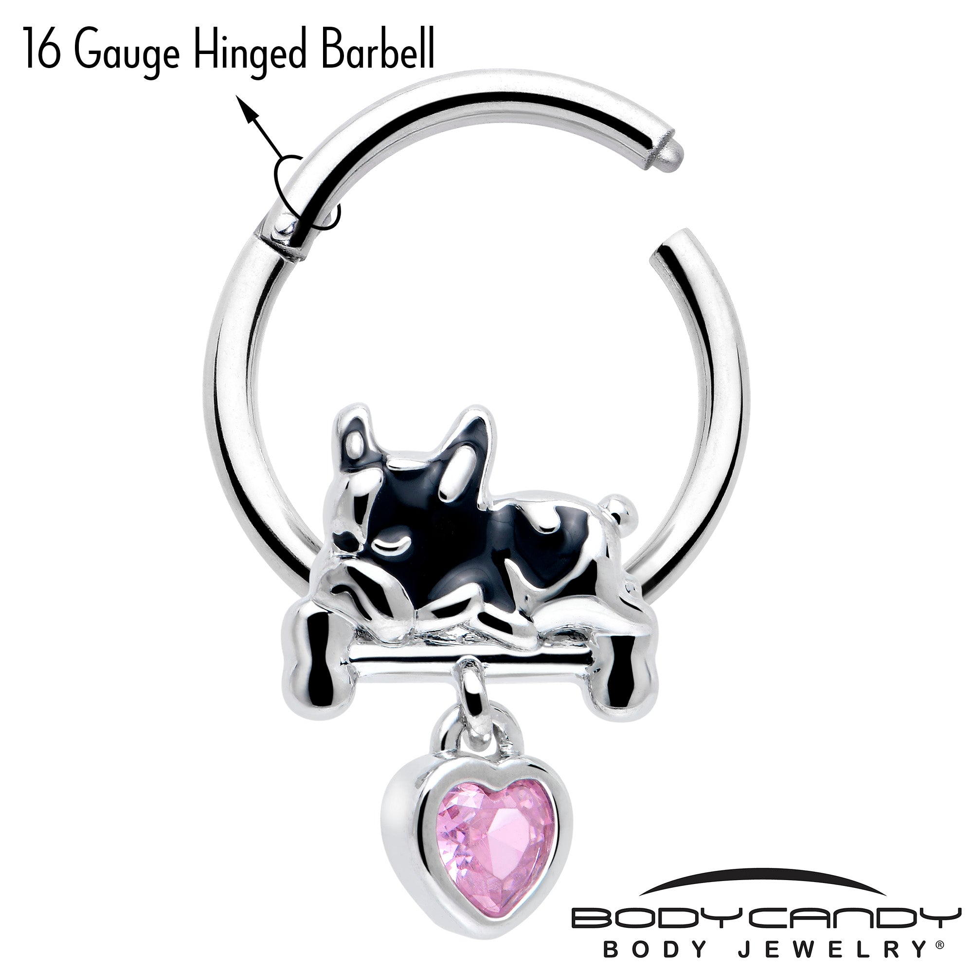 BodyCandy 16G 3/8 Pink CZ Gem Sleepy French Bulldog Dangle Hinged Segment Ring — lifestyle context