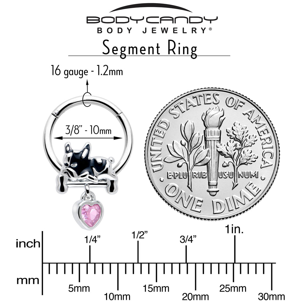 BodyCandy 16G 3/8 Pink CZ Gem Sleepy French Bulldog Dangle Hinged Segment Ring — side view