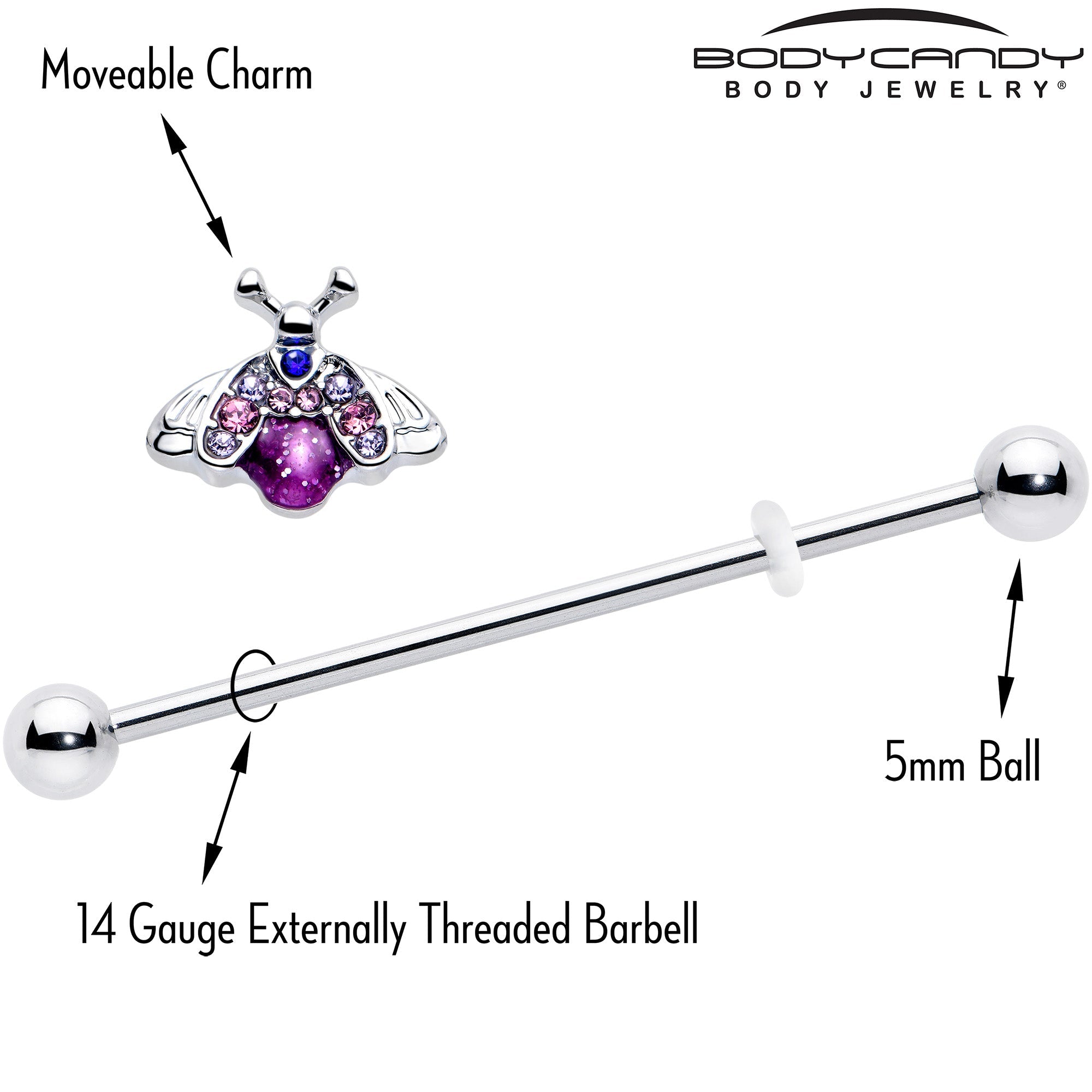 BodyCandy 14G Pink Blue Gem Beautiful Insect Industrial Barbell 38mm — side view