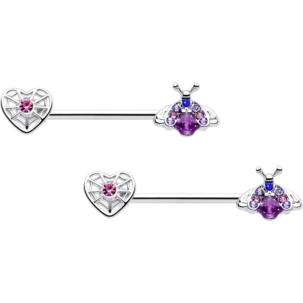 BodyCandy 14G 9/16 Pink Blue Gem Spiderweb Heart Insect Barbell Nipple Ring Set — main product shot