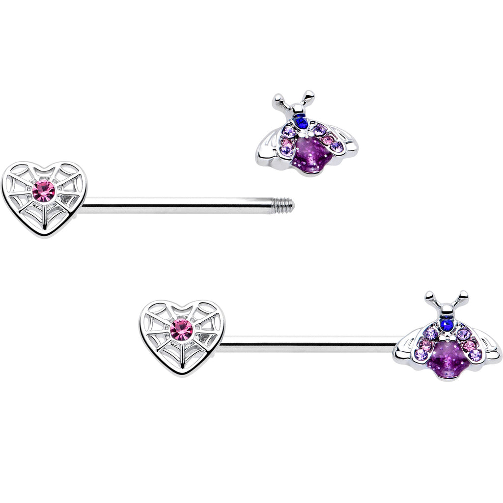 BodyCandy 14G 9/16 Pink Blue Gem Spiderweb Heart Insect Barbell Nipple Ring Set — detail close-up