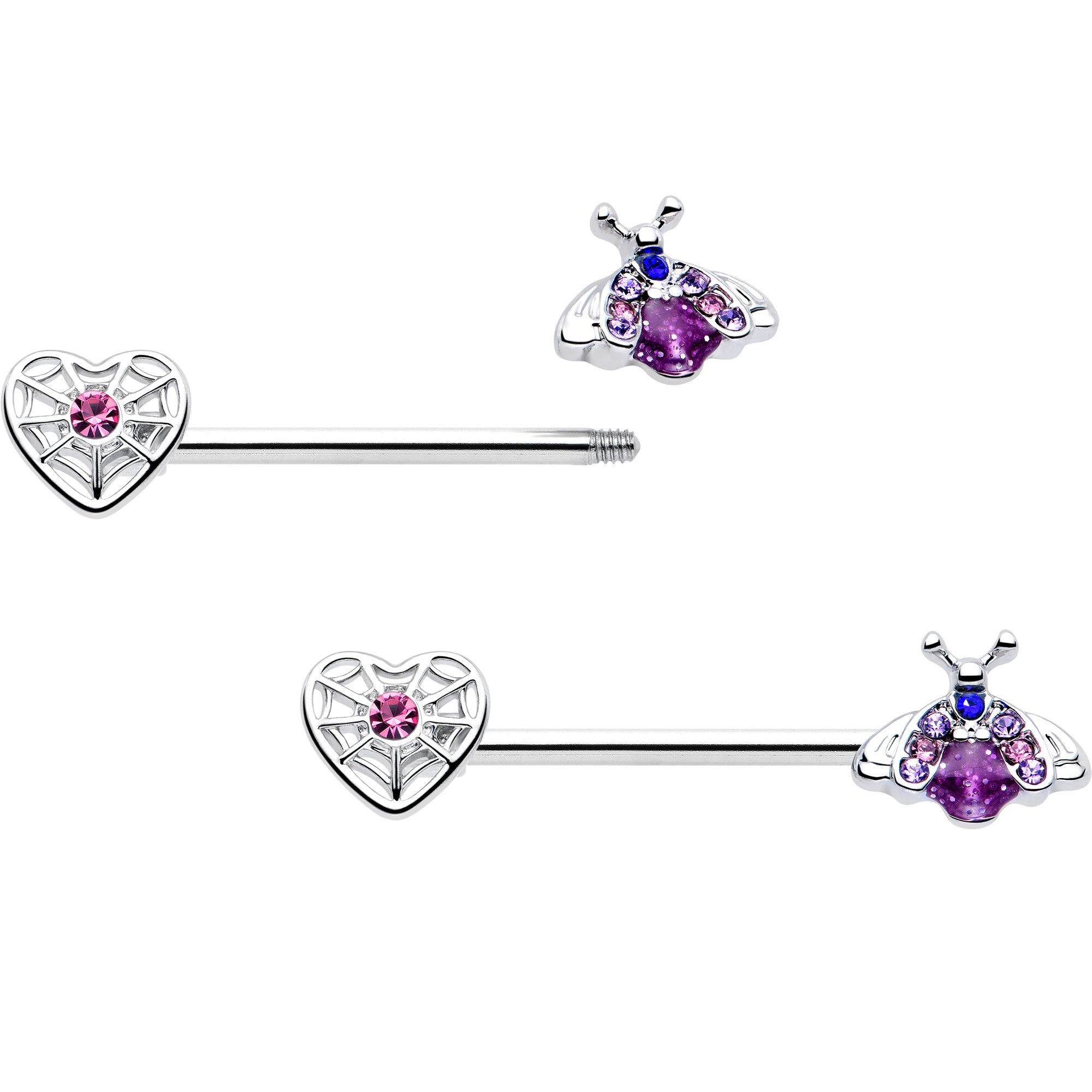 BodyCandy 14G 9/16 Pink Blue Gem Spiderweb Heart Insect Barbell Nipple Ring Set — detail close-up