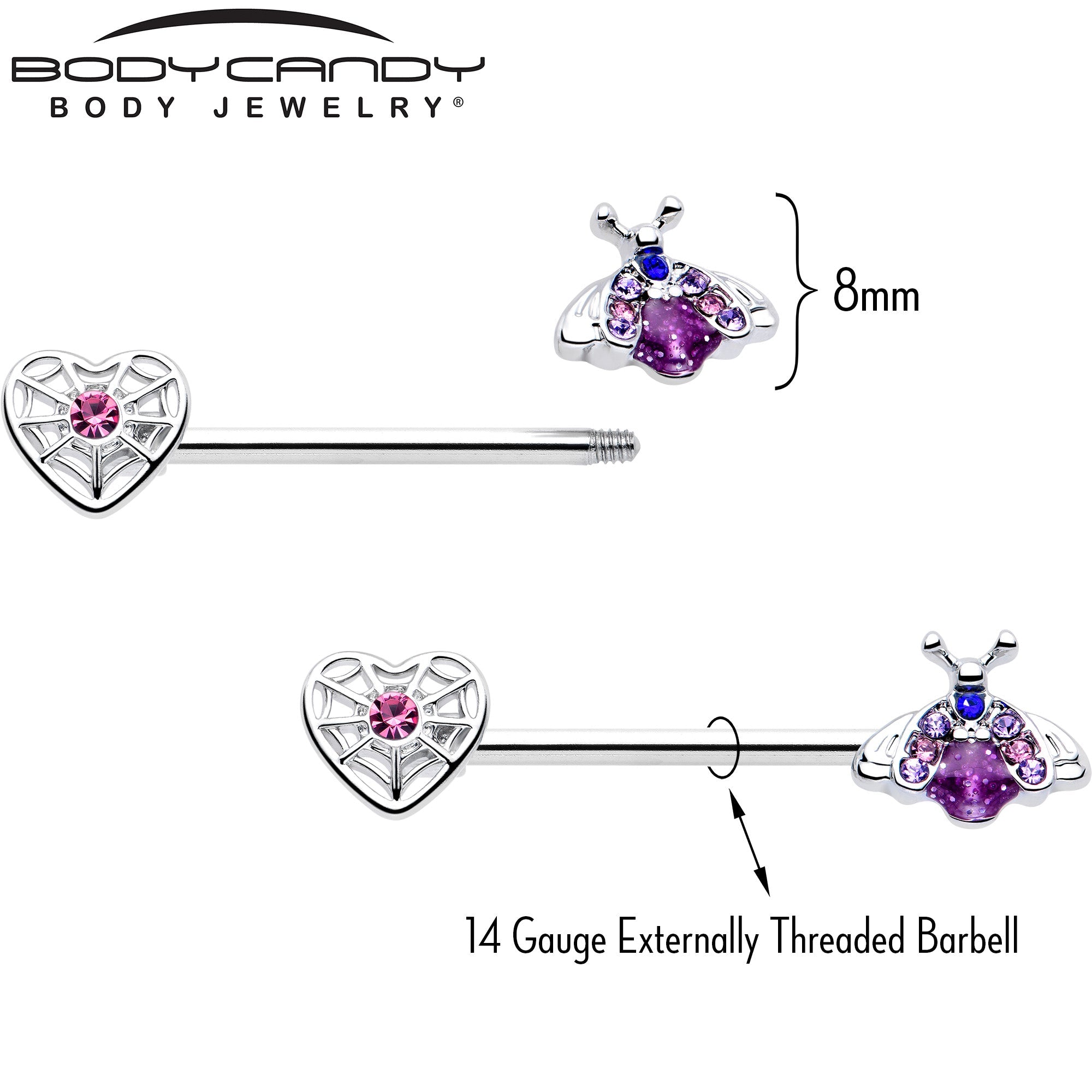 BodyCandy 14G 9/16 Pink Blue Gem Spiderweb Heart Insect Barbell Nipple Ring Set — lifestyle context