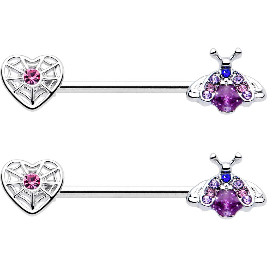 BodyCandy 14G 9/16 Pink Blue Gem Spiderweb Heart Insect Barbell Nipple Ring Set — side view