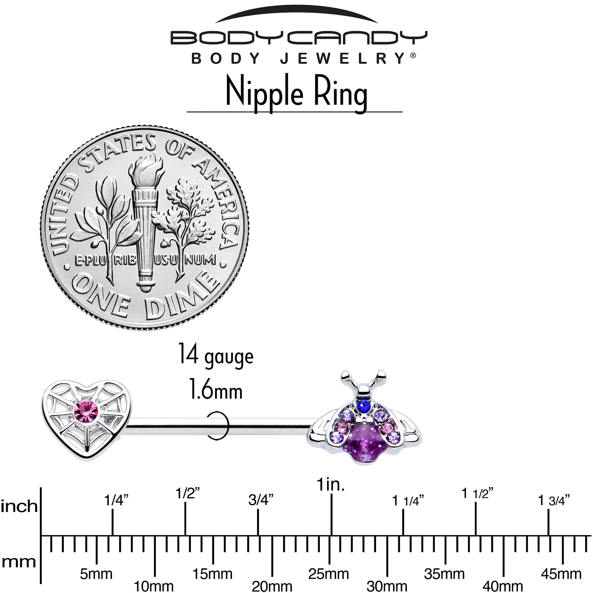 BodyCandy 14G 9/16 Pink Blue Gem Spiderweb Heart Insect Barbell Nipple Ring Set — back view