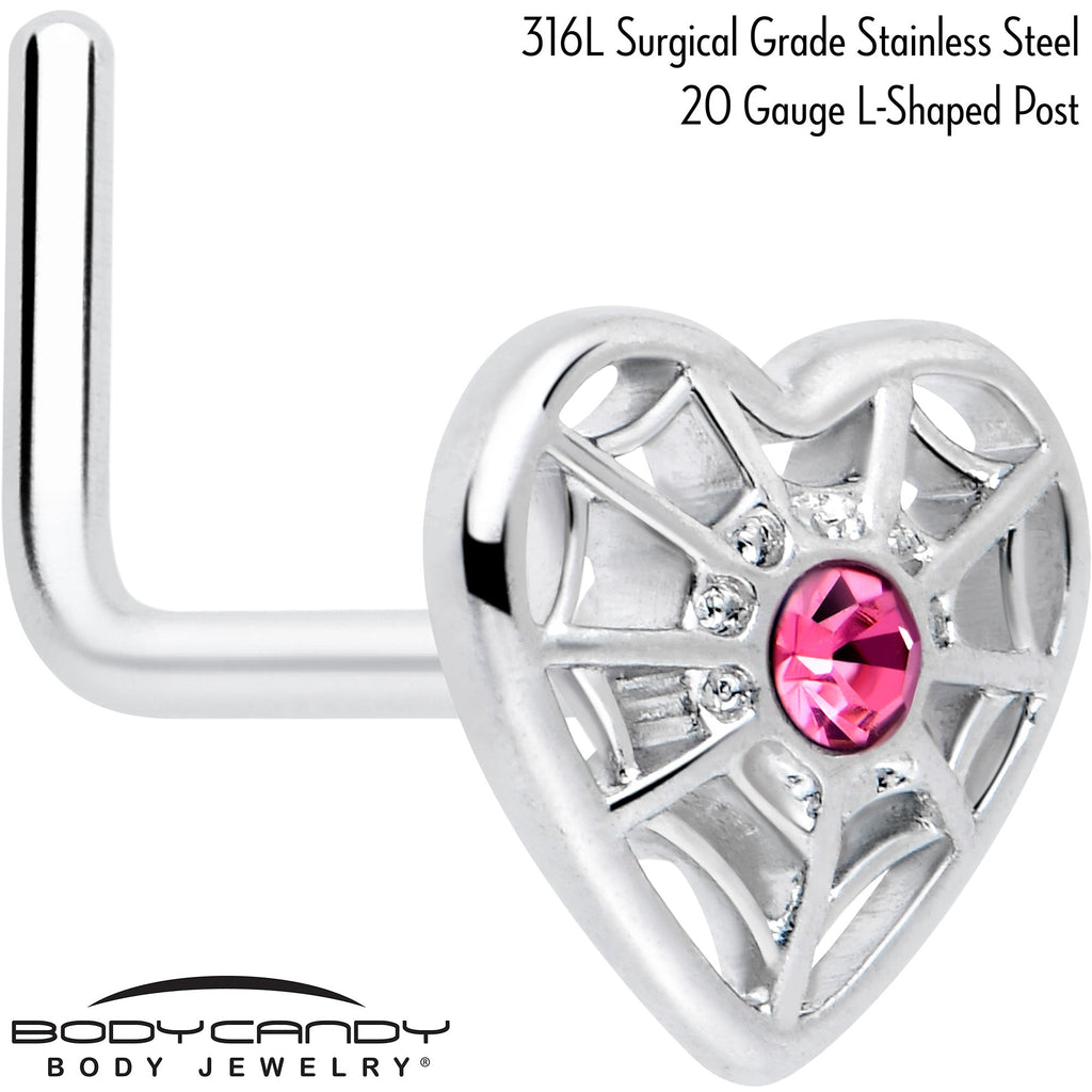 BodyCandy 20G 7mm Pink Gem Spiderweb Heart Love L Shape Nose Ring — detail close-up