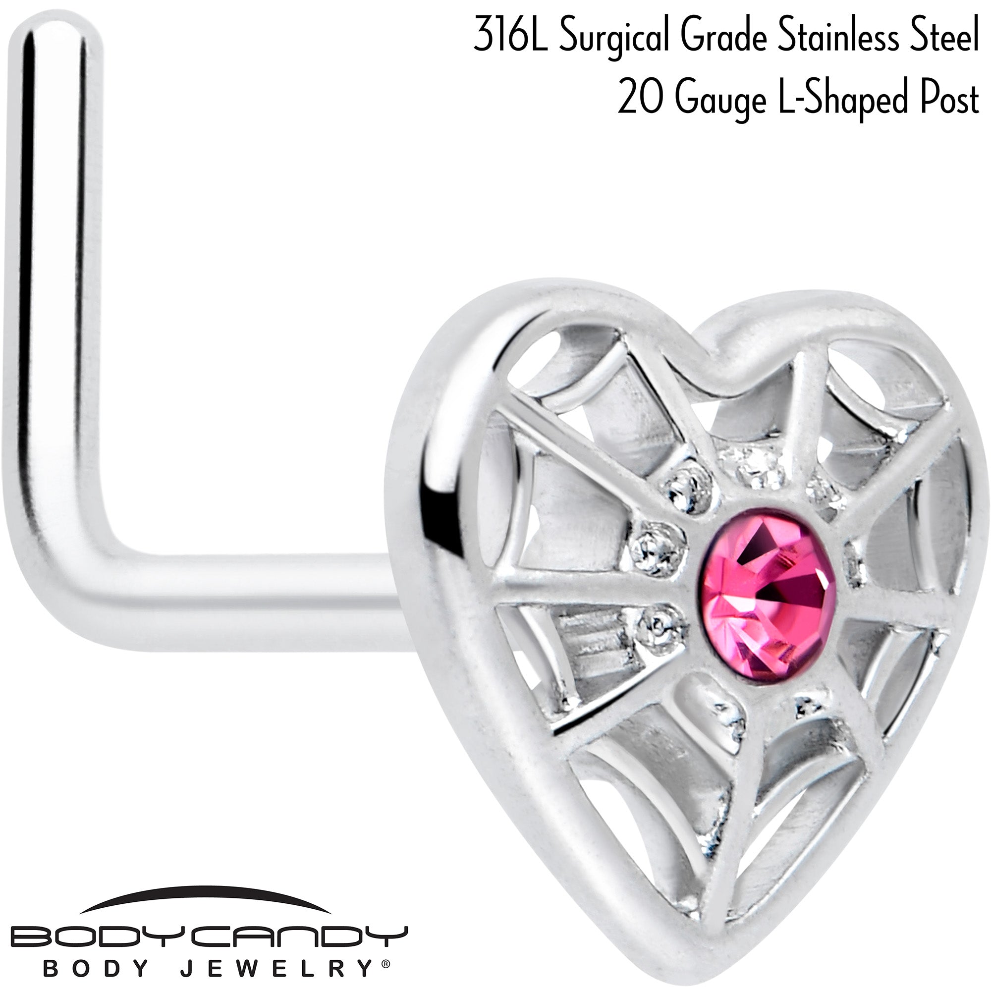 BodyCandy 20G 7mm Pink Gem Spiderweb Heart Love L Shape Nose Ring — detail close-up