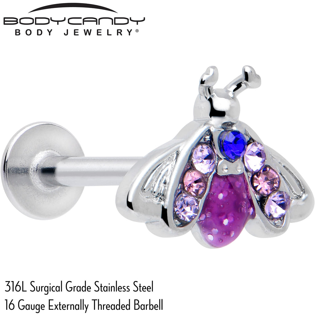 BodyCandy 16G 5/16 Pink Blue Gem Beautiful Insect Labret Monroe Tragus — detail close-up