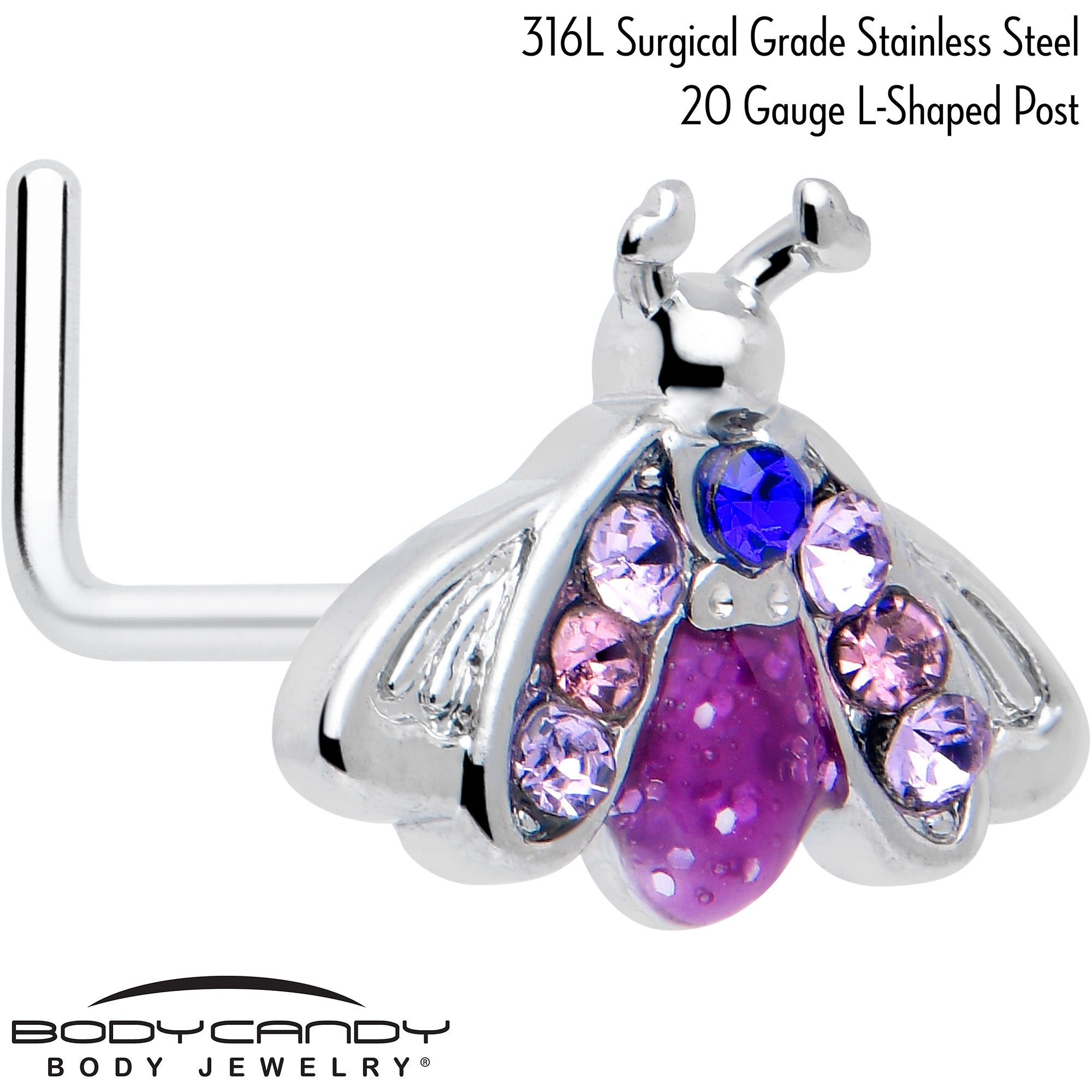 BodyCandy 20G 7mm Pink Blue Gem Beautiful Insect L Shape Nose Ring — detail close-up