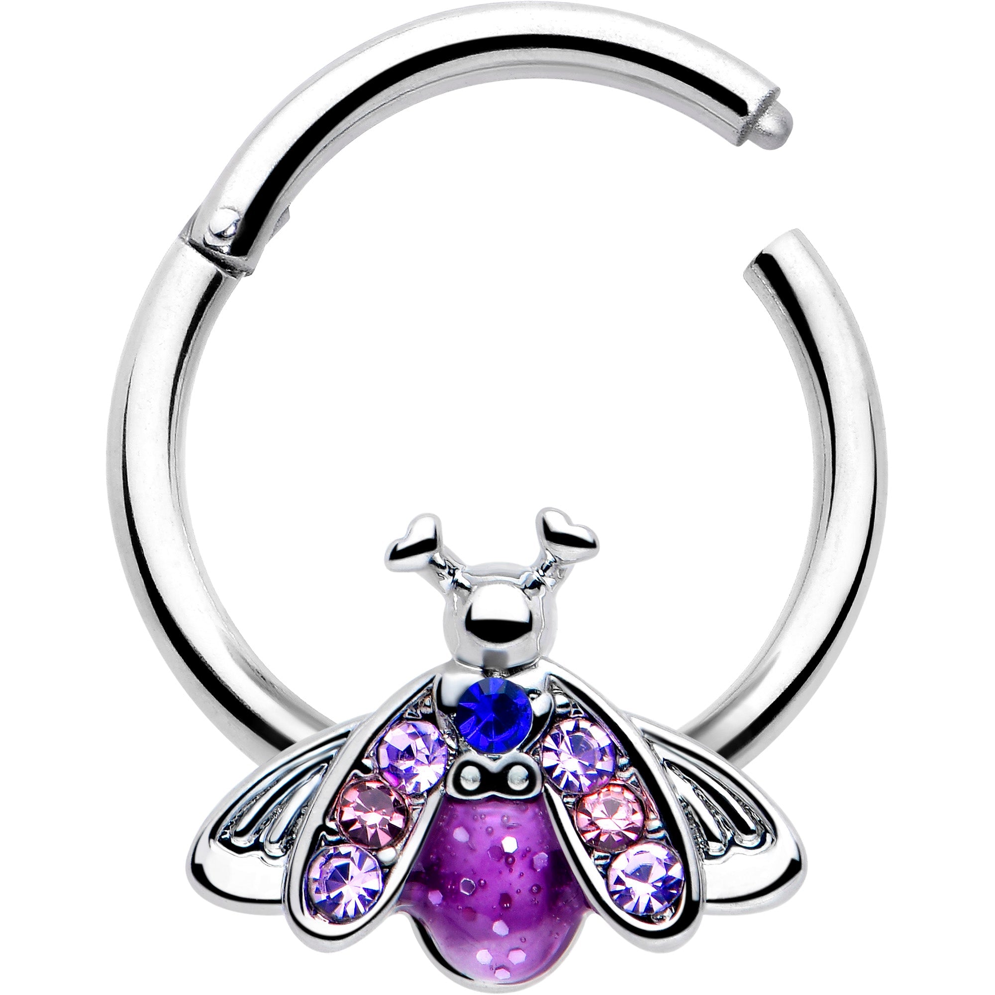 BodyCandy 16G 3/8 Pink Blue Gem Beautiful Insect Hinged Segment Ring — detail close-up