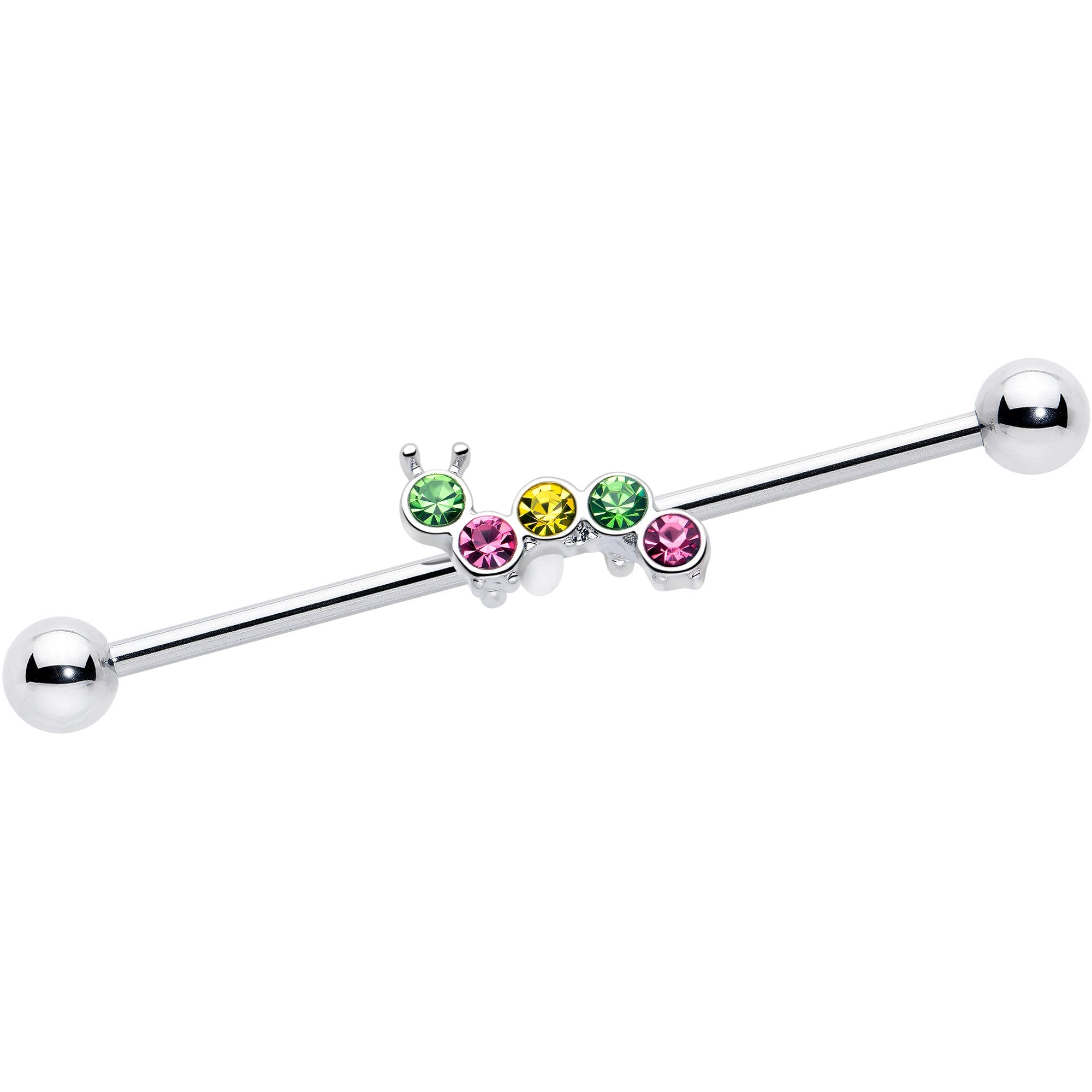 BodyCandy 14G Green Pink Gem Caterpillar Industrial Barbell 38mm — main product shot