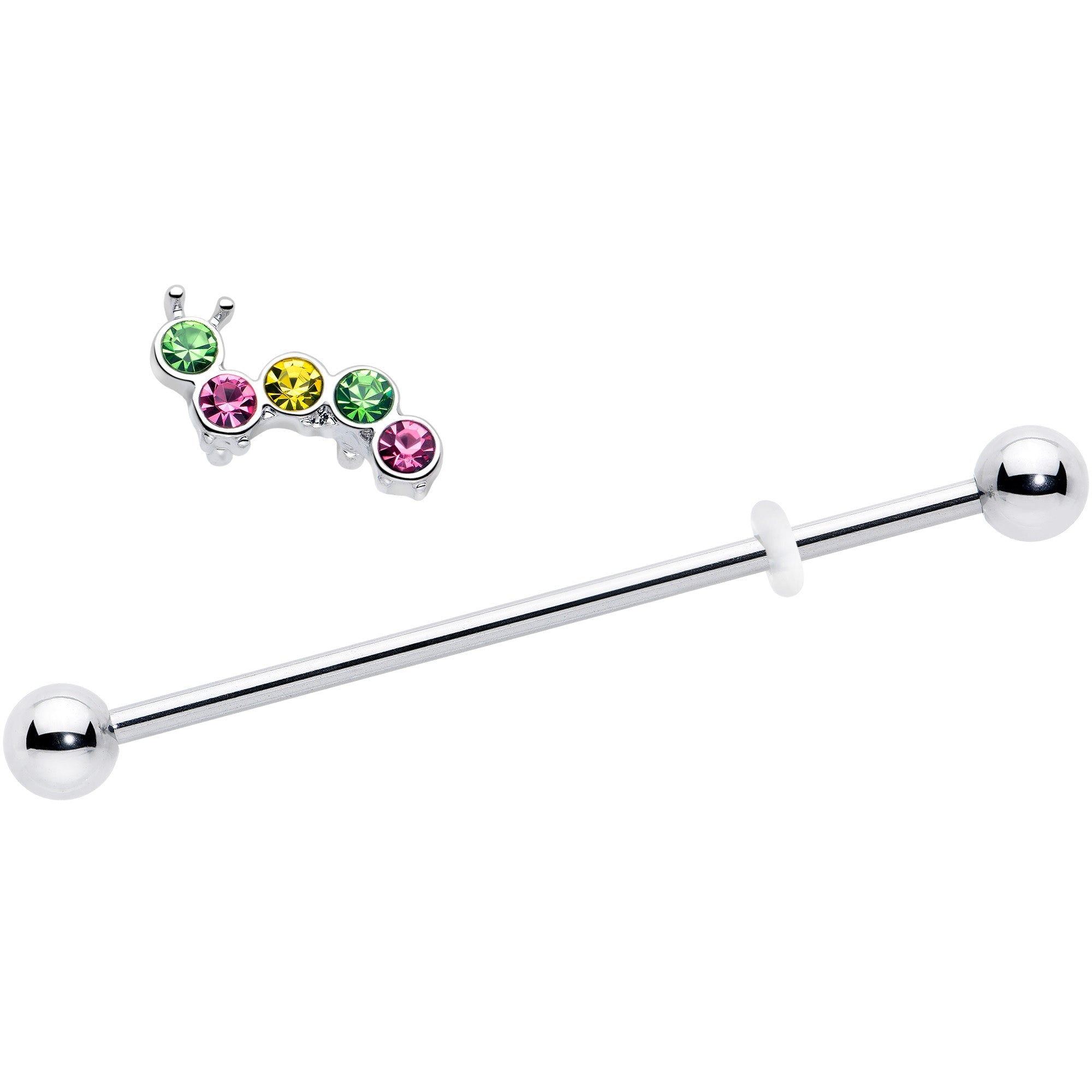 BodyCandy 14G Green Pink Gem Caterpillar Industrial Barbell 38mm — detail close-up