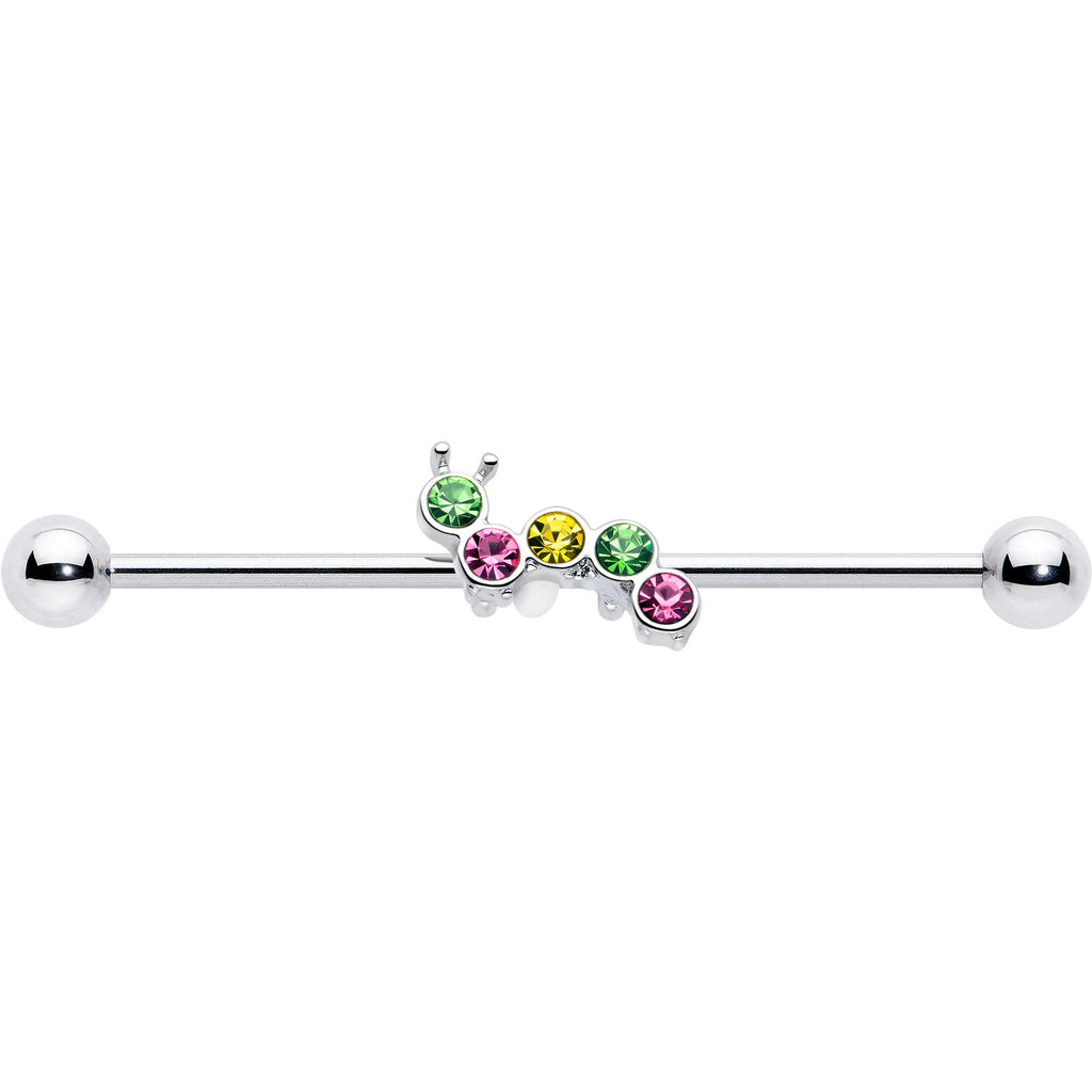 BodyCandy 14G Green Pink Gem Caterpillar Industrial Barbell 38mm — lifestyle context