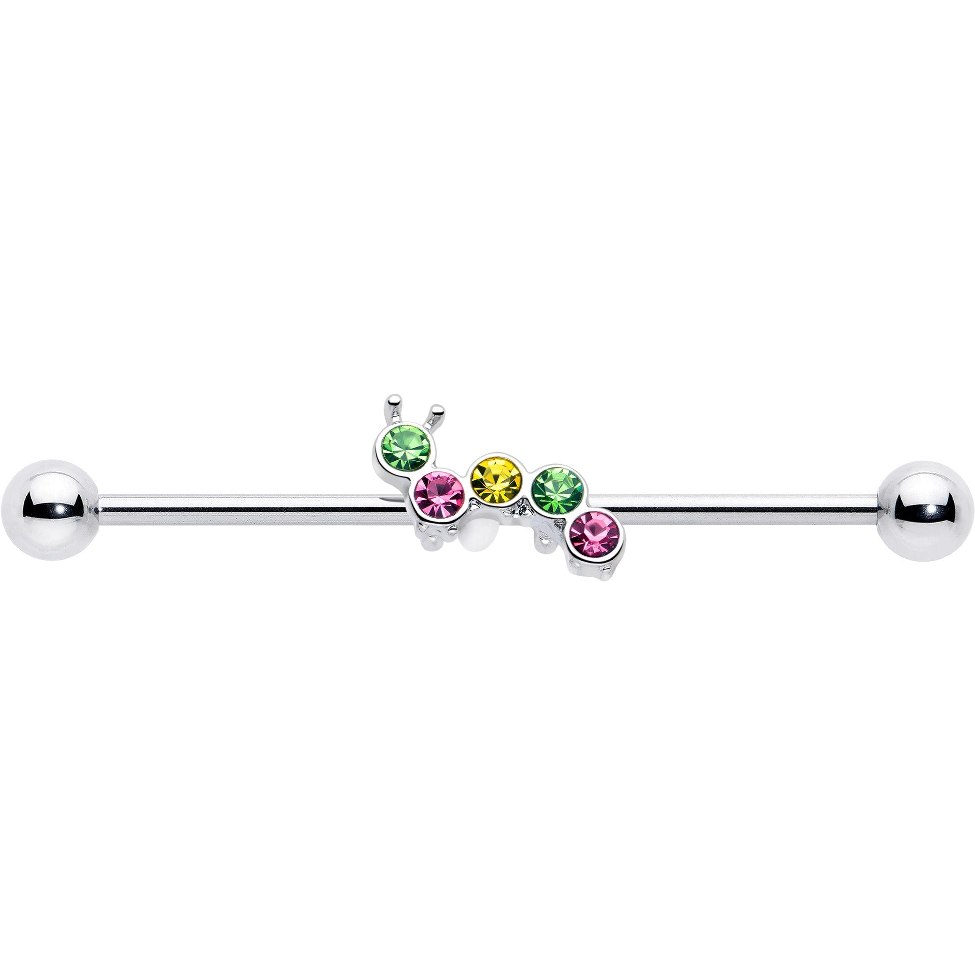 BodyCandy 14G Green Pink Gem Caterpillar Industrial Barbell 38mm — lifestyle context