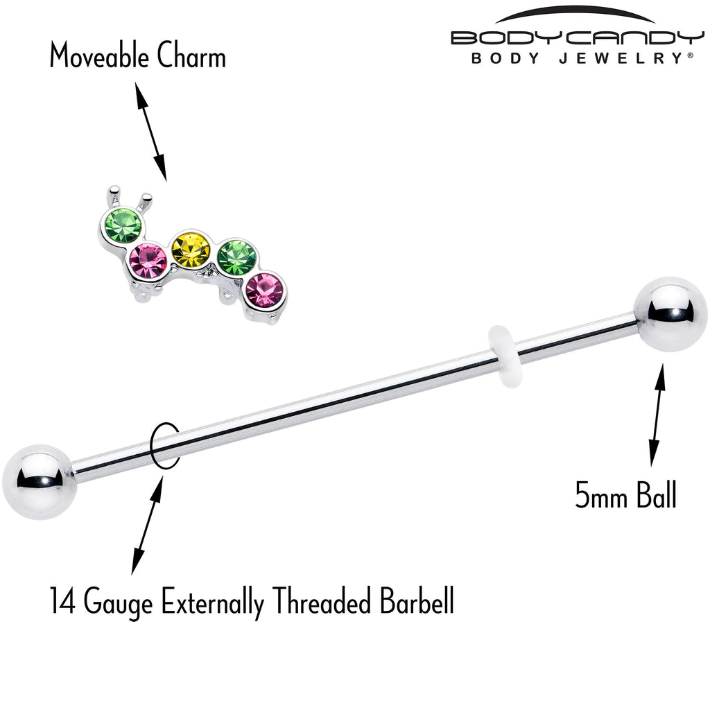 BodyCandy 14G Green Pink Gem Caterpillar Industrial Barbell 38mm — side view