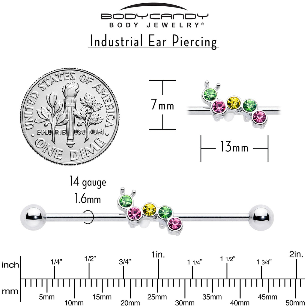 BodyCandy 14G Green Pink Gem Caterpillar Industrial Barbell 38mm — back view