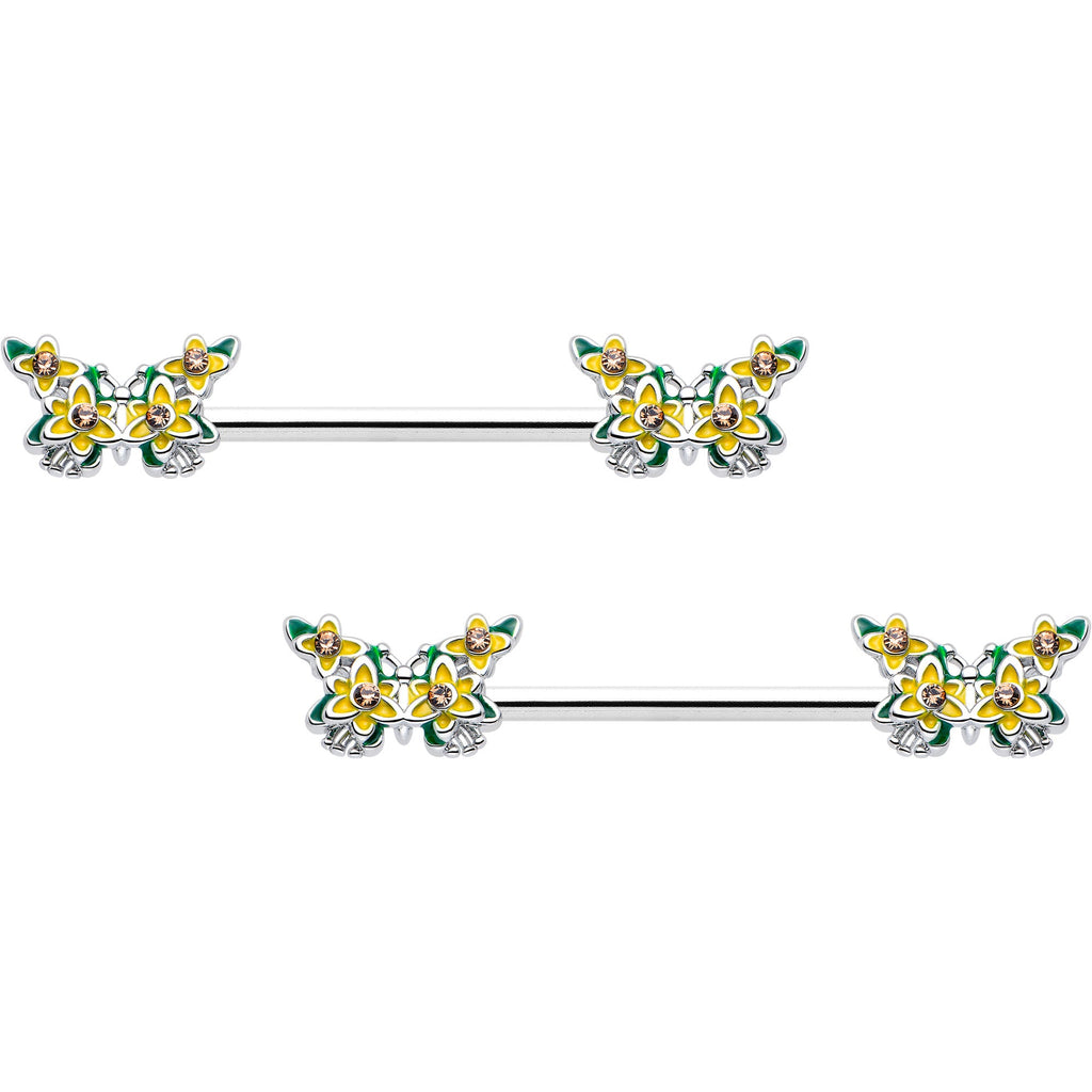 BodyCandy 14G 9/16 Yellow CZ Gem Blooming Butterfly Barbell Nipple Ring Set — main product shot
