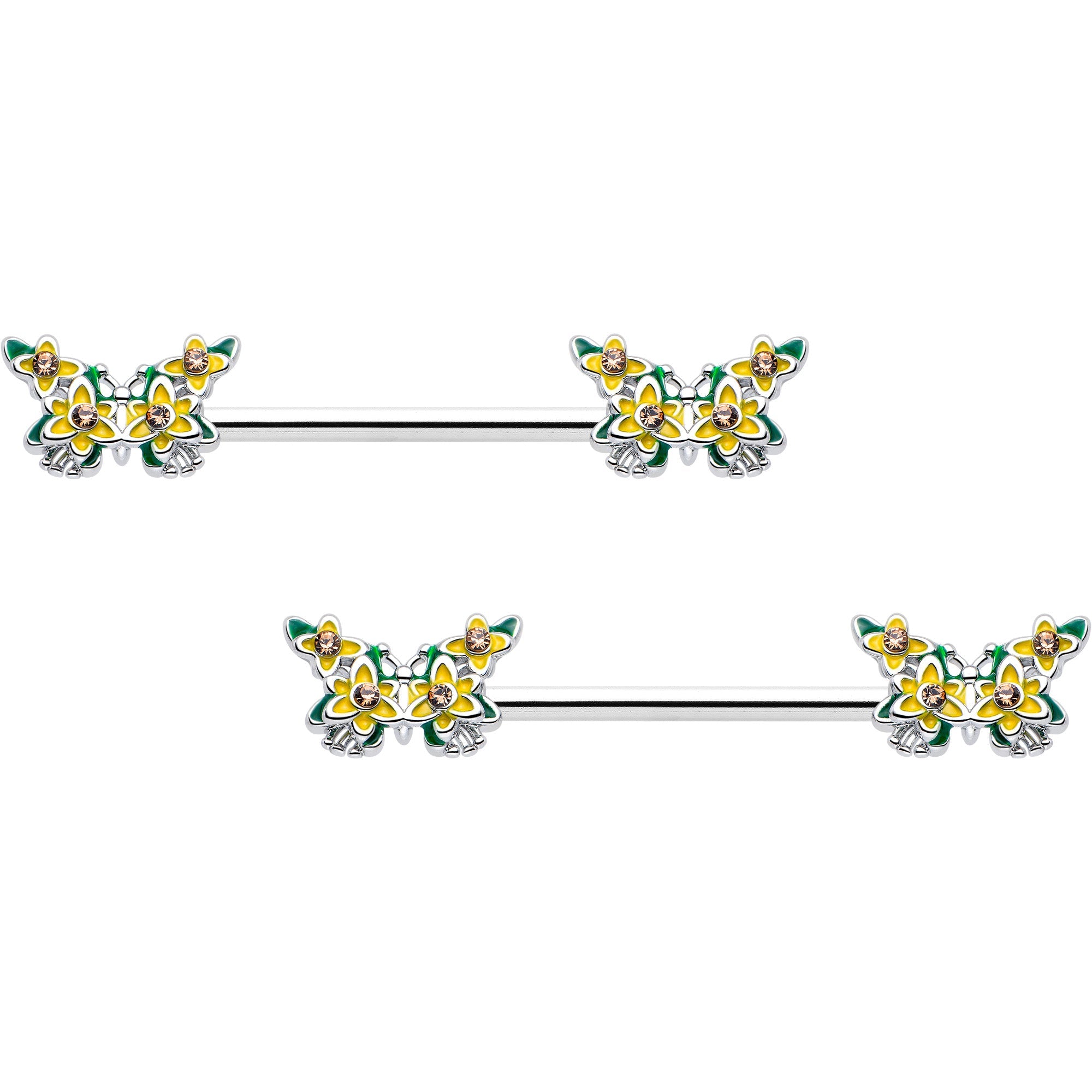 BodyCandy 14G 9/16 Yellow CZ Gem Blooming Butterfly Barbell Nipple Ring Set — main product shot