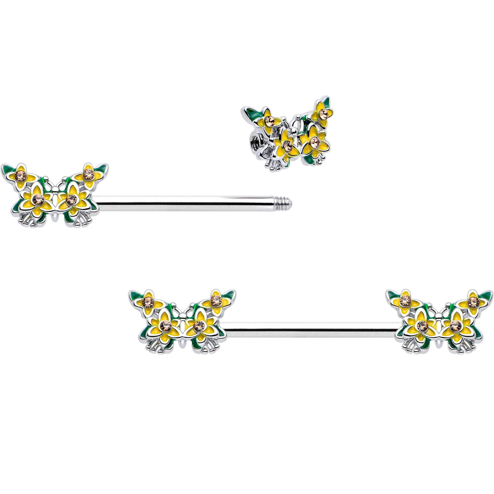 BodyCandy 14G 9/16 Yellow CZ Gem Blooming Butterfly Barbell Nipple Ring Set — detail close-up