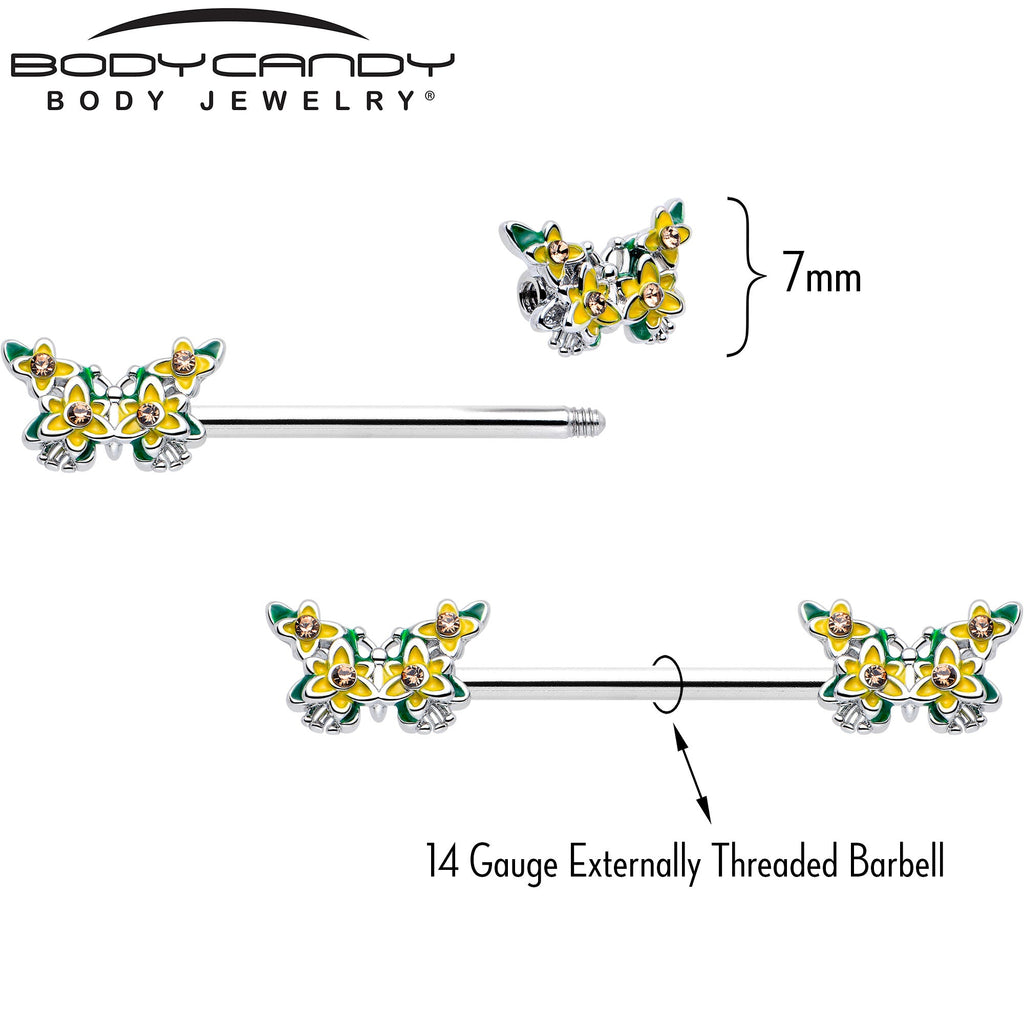 BodyCandy 14G 9/16 Yellow CZ Gem Blooming Butterfly Barbell Nipple Ring Set — lifestyle context