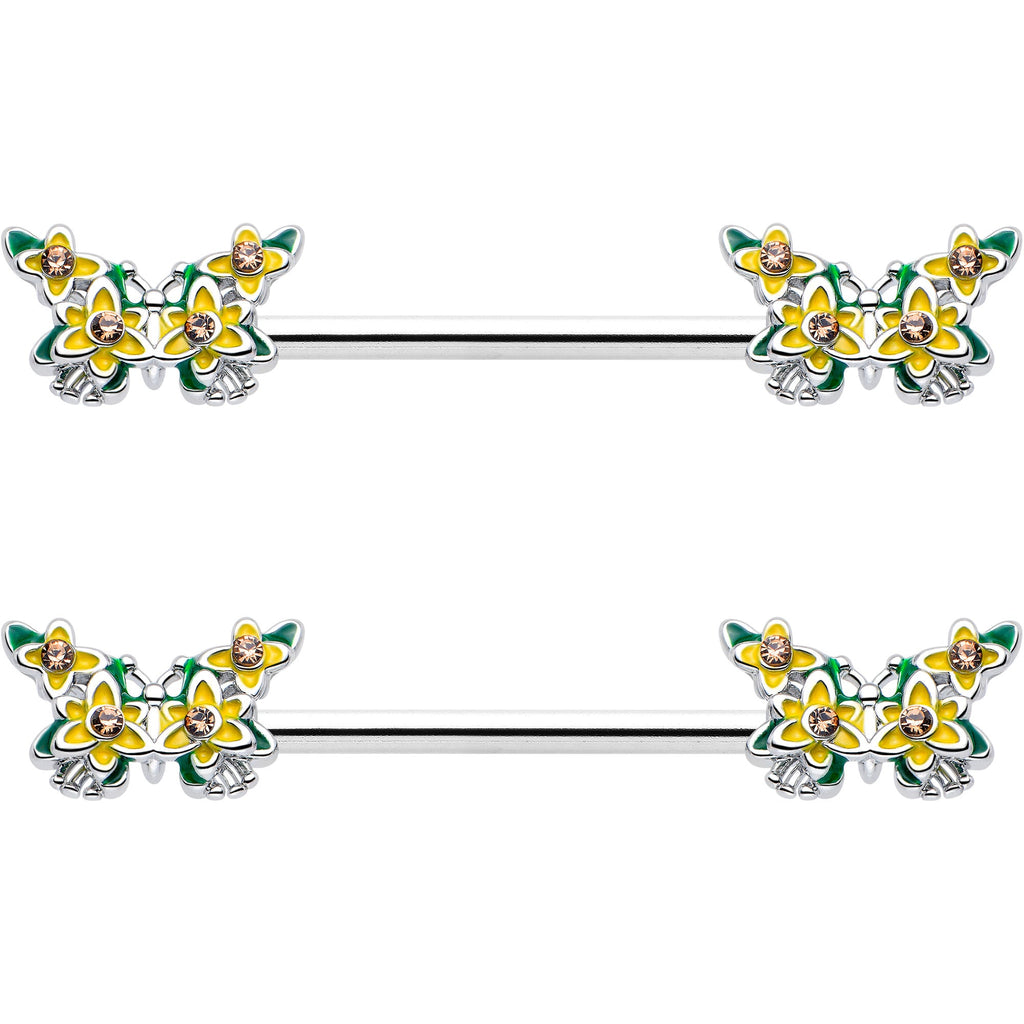 BodyCandy 14G 9/16 Yellow CZ Gem Blooming Butterfly Barbell Nipple Ring Set — side view