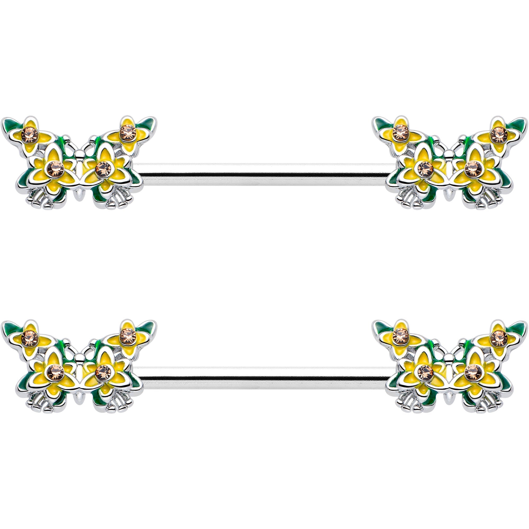 BodyCandy 14G 9/16 Yellow CZ Gem Blooming Butterfly Barbell Nipple Ring Set — side view