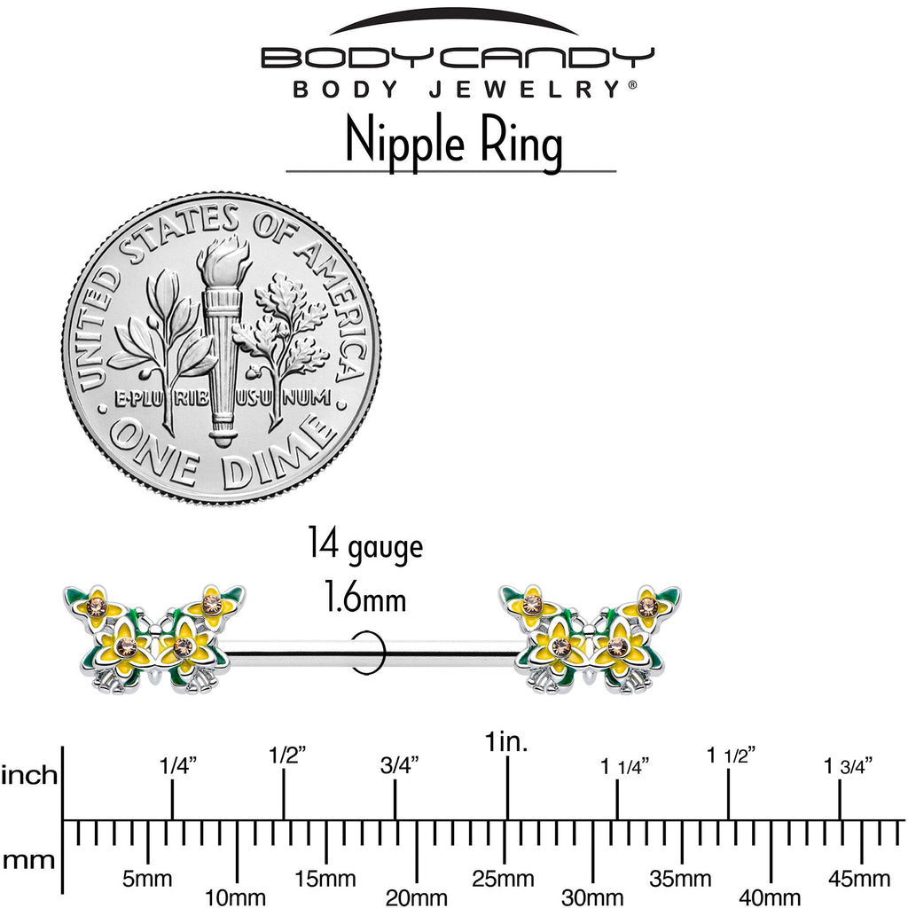 BodyCandy 14G 9/16 Yellow CZ Gem Blooming Butterfly Barbell Nipple Ring Set — back view