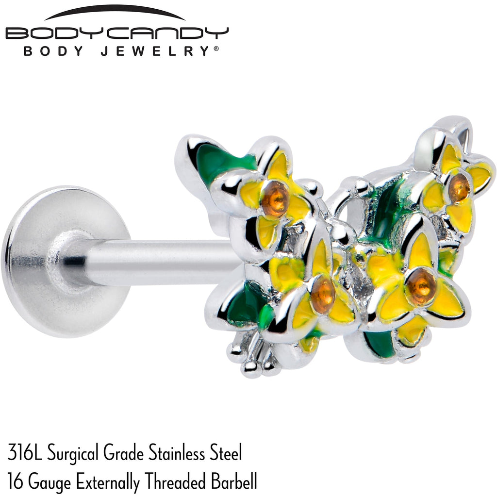 BodyCandy 16G 5/16 Yellow CZ Gem Blooming Butterfly Labret Monroe Tragus — detail close-up