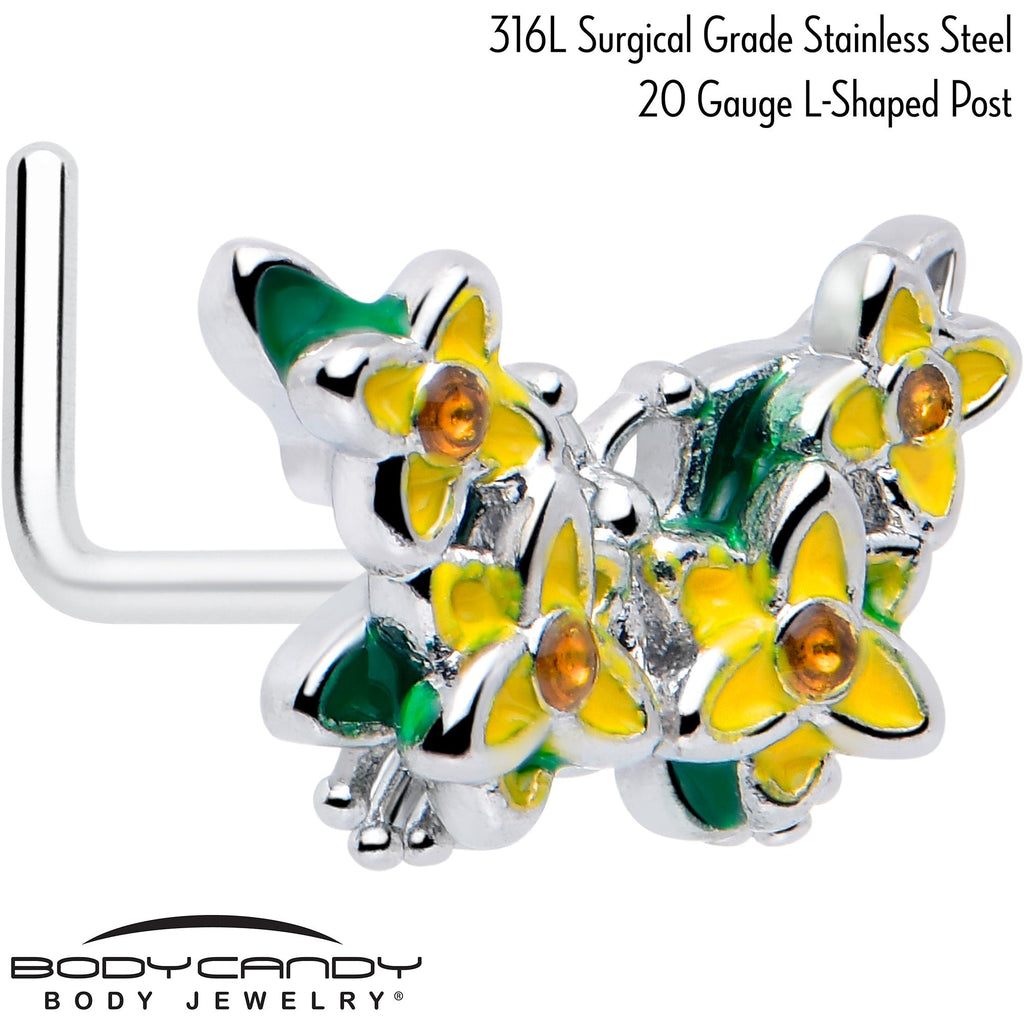 BodyCandy 20G 7mm Yellow CZ Gem Blooming Butterfly L Shape Nose Ring — detail close-up