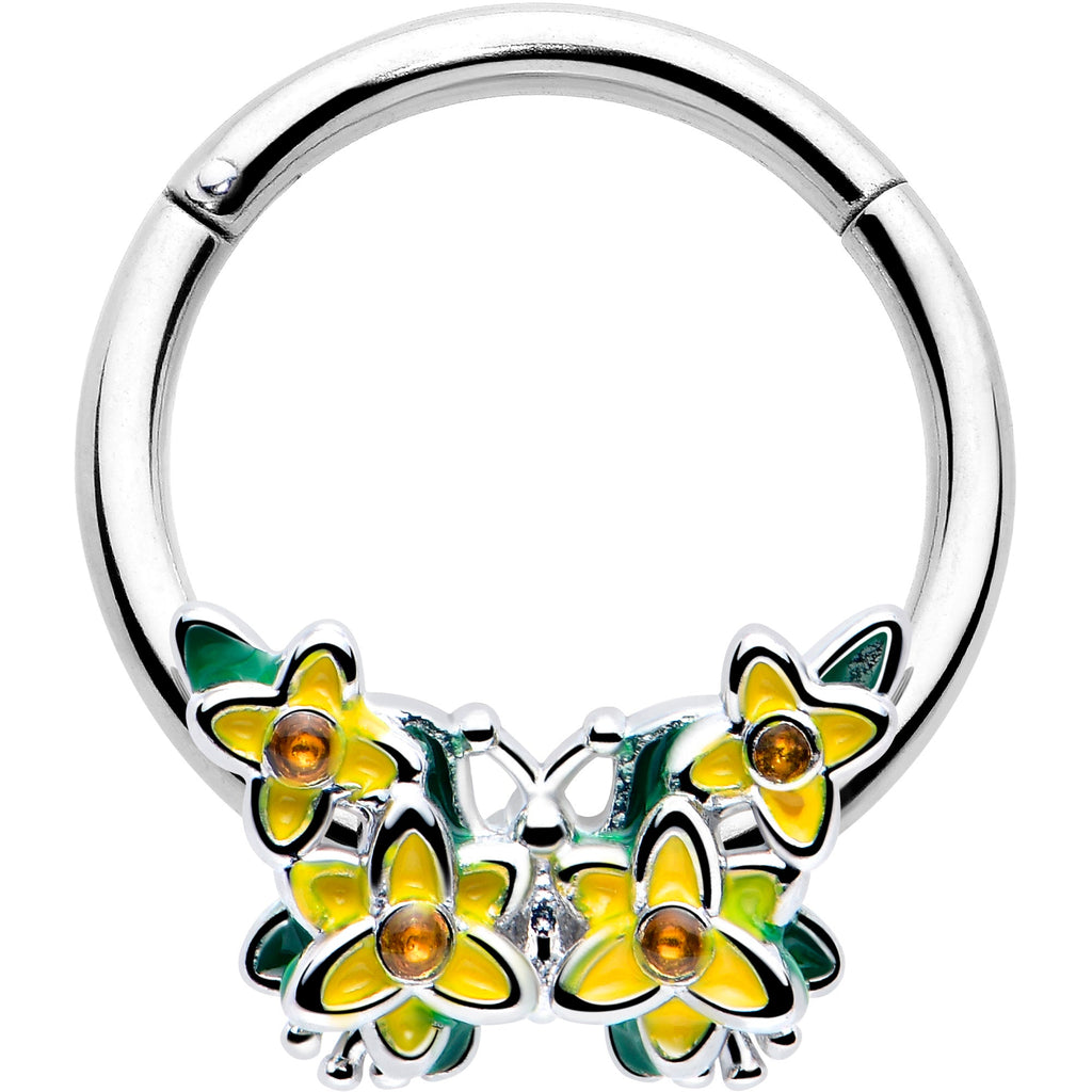 BodyCandy 16G 3/8 Yellow CZ Gem Blooming Butterfly Hinged Segment Ring — main product shot