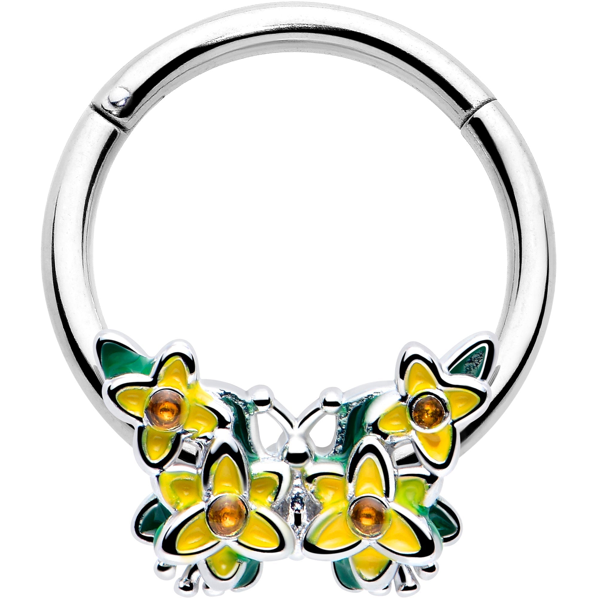 BodyCandy 16G 3/8 Yellow CZ Gem Blooming Butterfly Hinged Segment Ring — main product shot