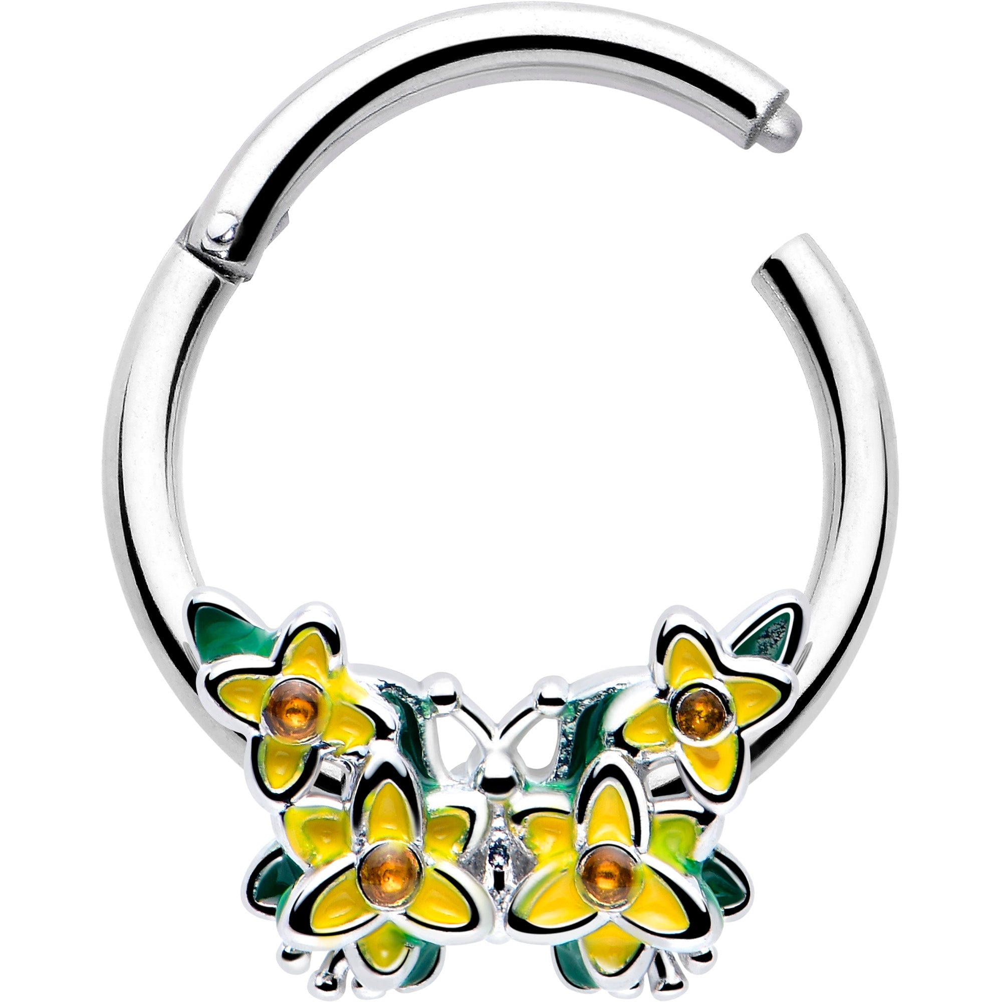 BodyCandy 16G 3/8 Yellow CZ Gem Blooming Butterfly Hinged Segment Ring — detail close-up