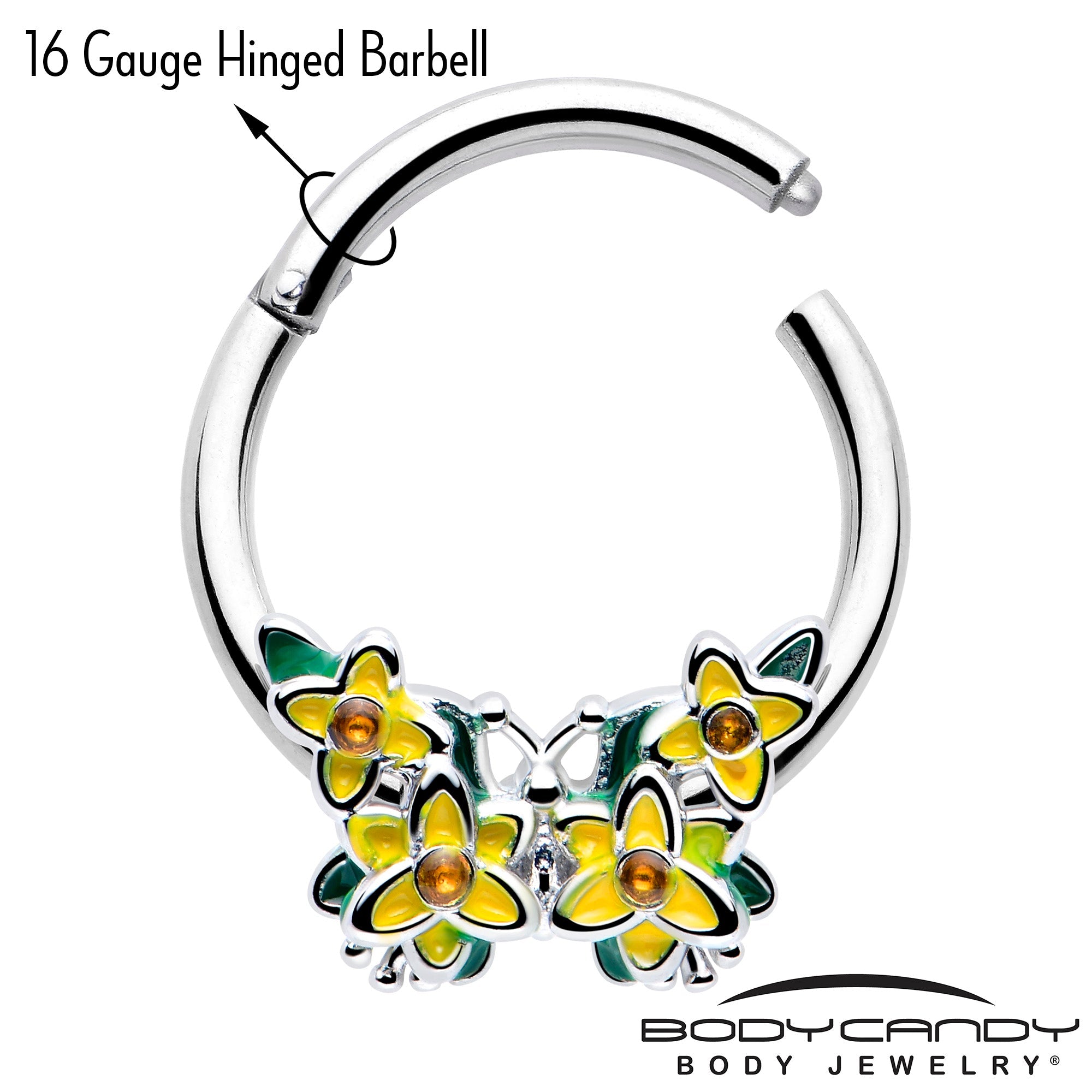 BodyCandy 16G 3/8 Yellow CZ Gem Blooming Butterfly Hinged Segment Ring — lifestyle context