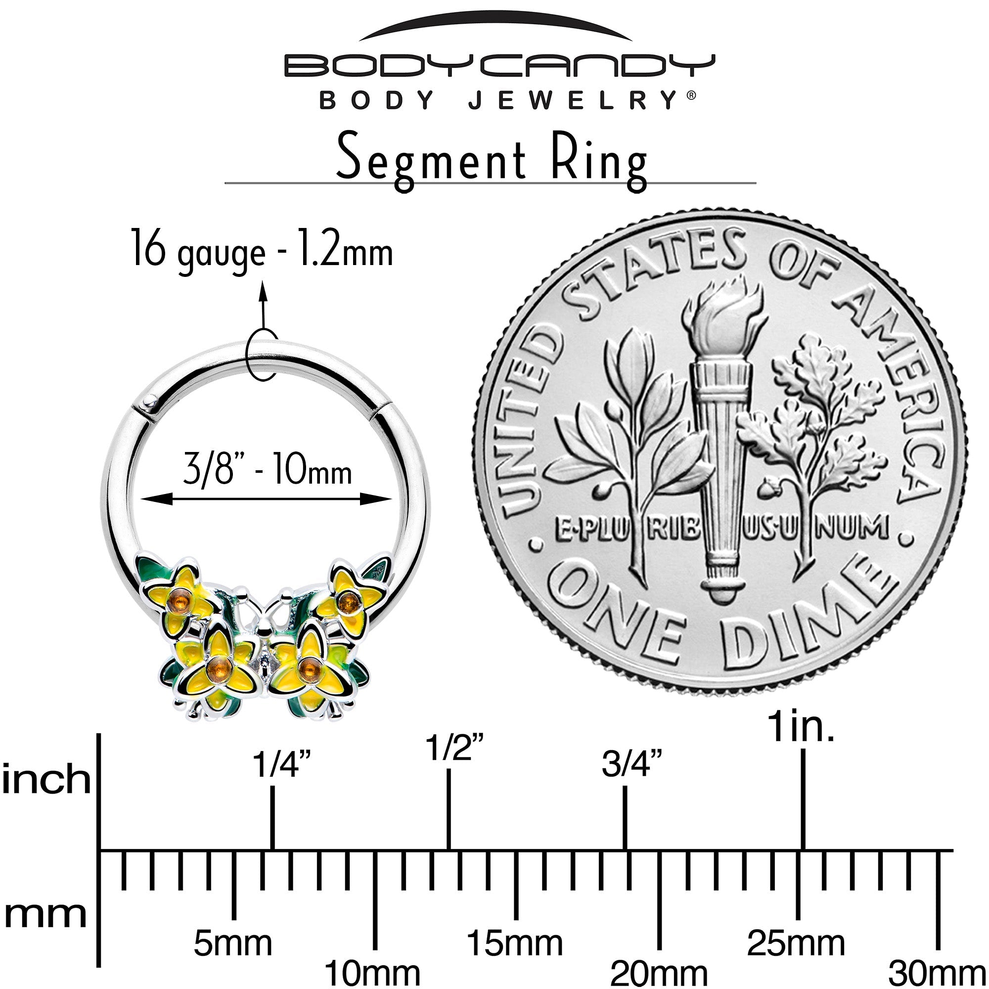 BodyCandy 16G 3/8 Yellow CZ Gem Blooming Butterfly Hinged Segment Ring — side view