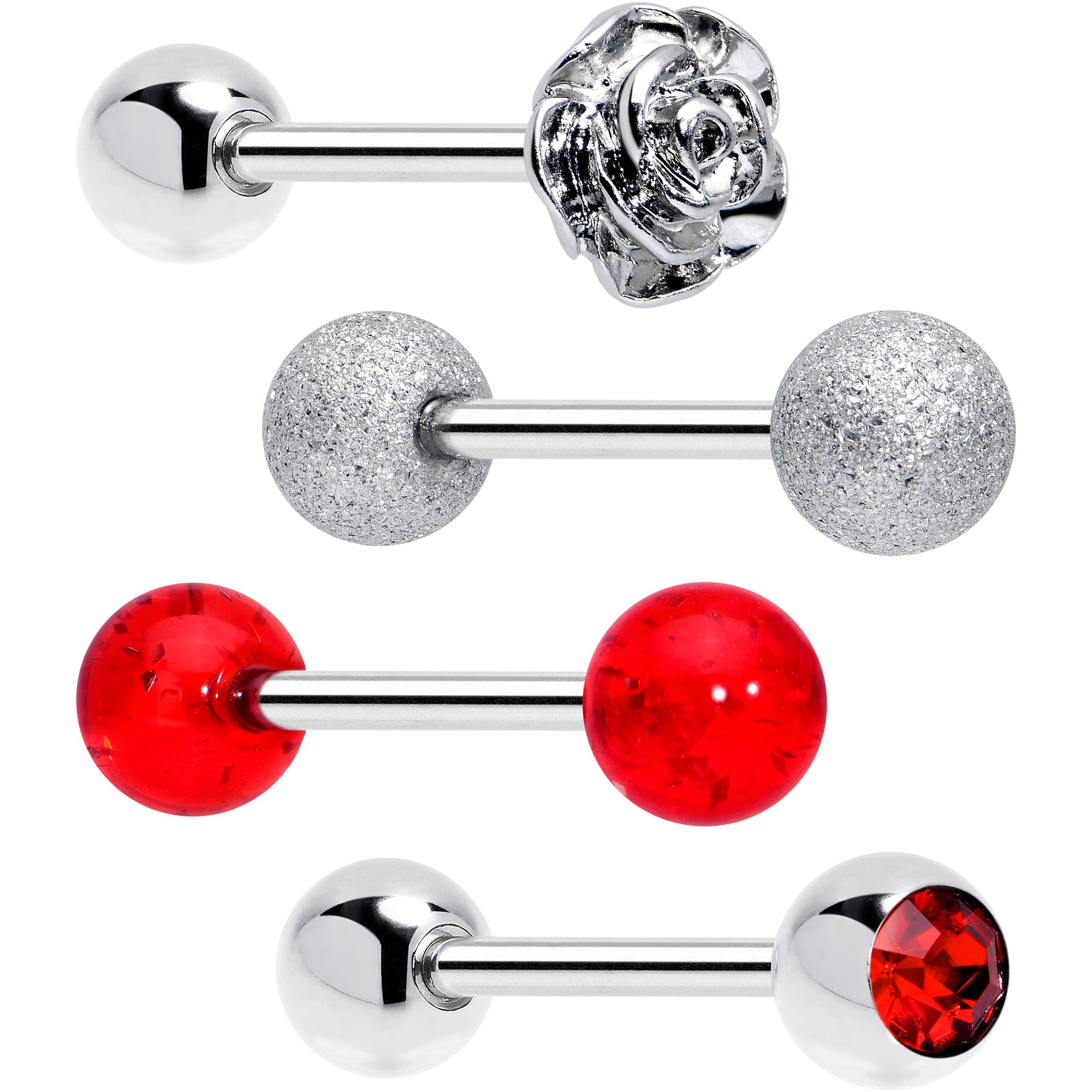 BodyCandy Red CZ Gem Flower Sandblasted Barbell Tongue Ring Set of 4 — main product shot