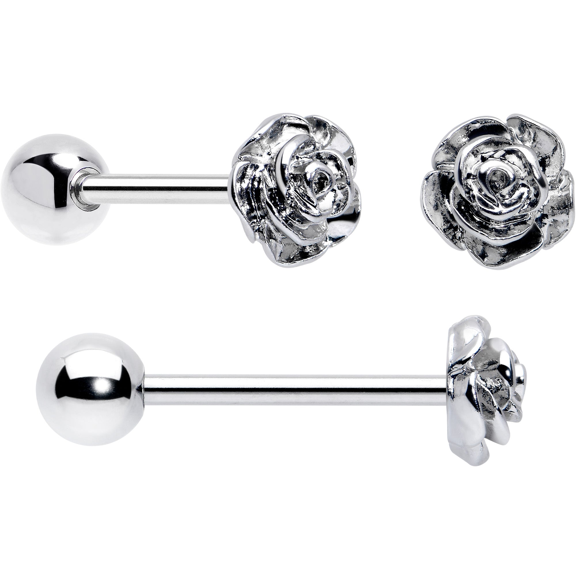 BodyCandy Red CZ Gem Flower Sandblasted Barbell Tongue Ring Set of 4 — detail close-up