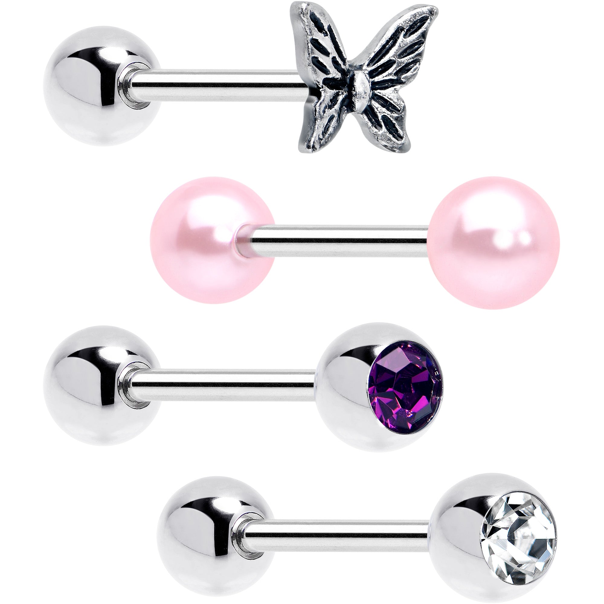 BodyCandy Purple Clear CZ Gem Butterfly Pink Barbell Tongue Ring Set of 4 — main product shot