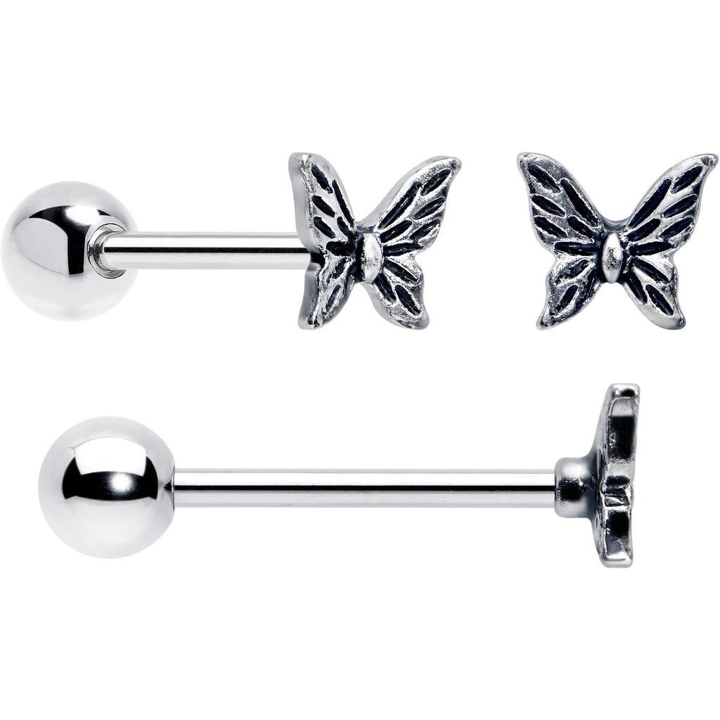 BodyCandy Purple Clear CZ Gem Butterfly Pink Barbell Tongue Ring Set of 4 — detail close-up
