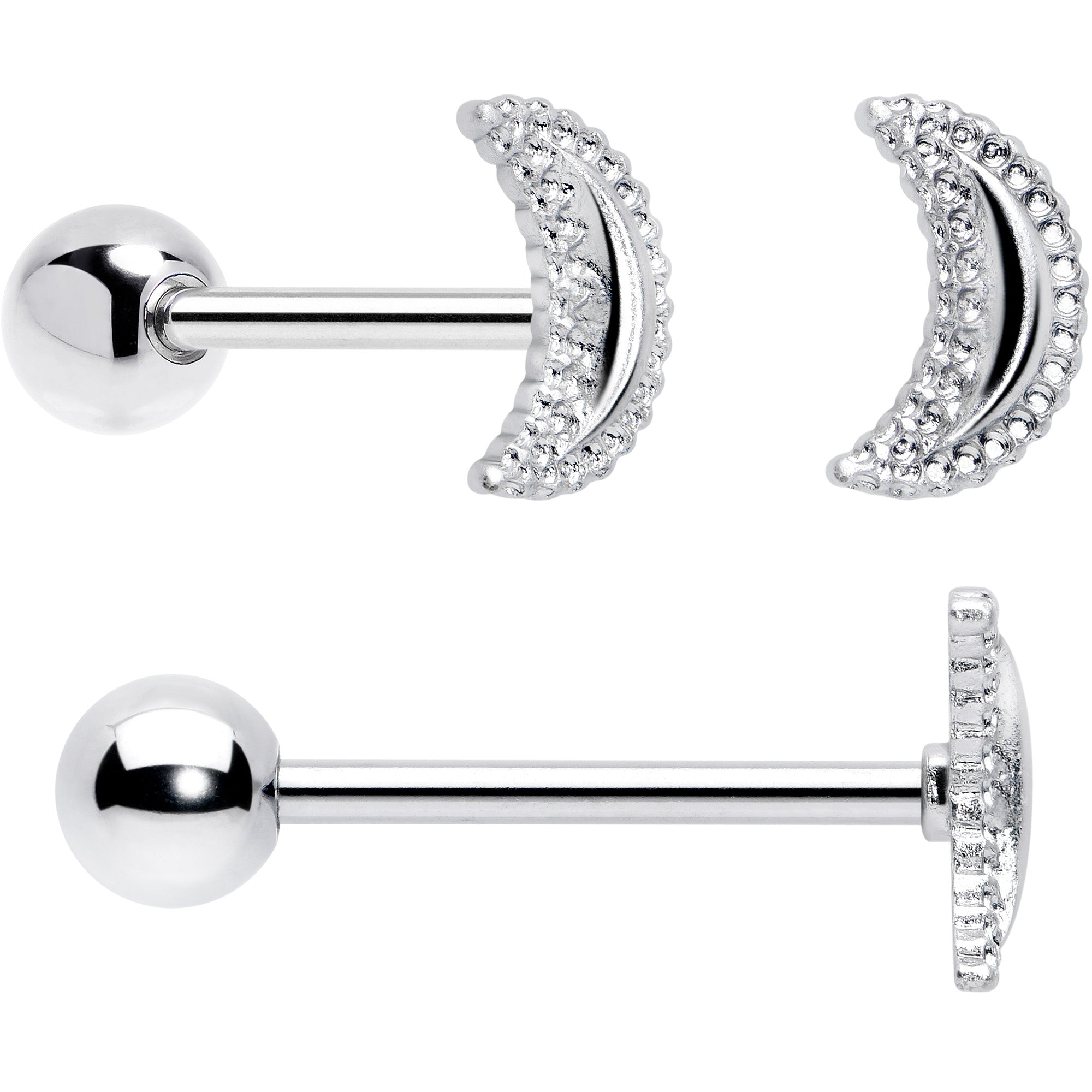 BodyCandy Green CZ Gem Crescent Moon Marbleized Barbell Tongue Ring Set of 4 — detail close-up