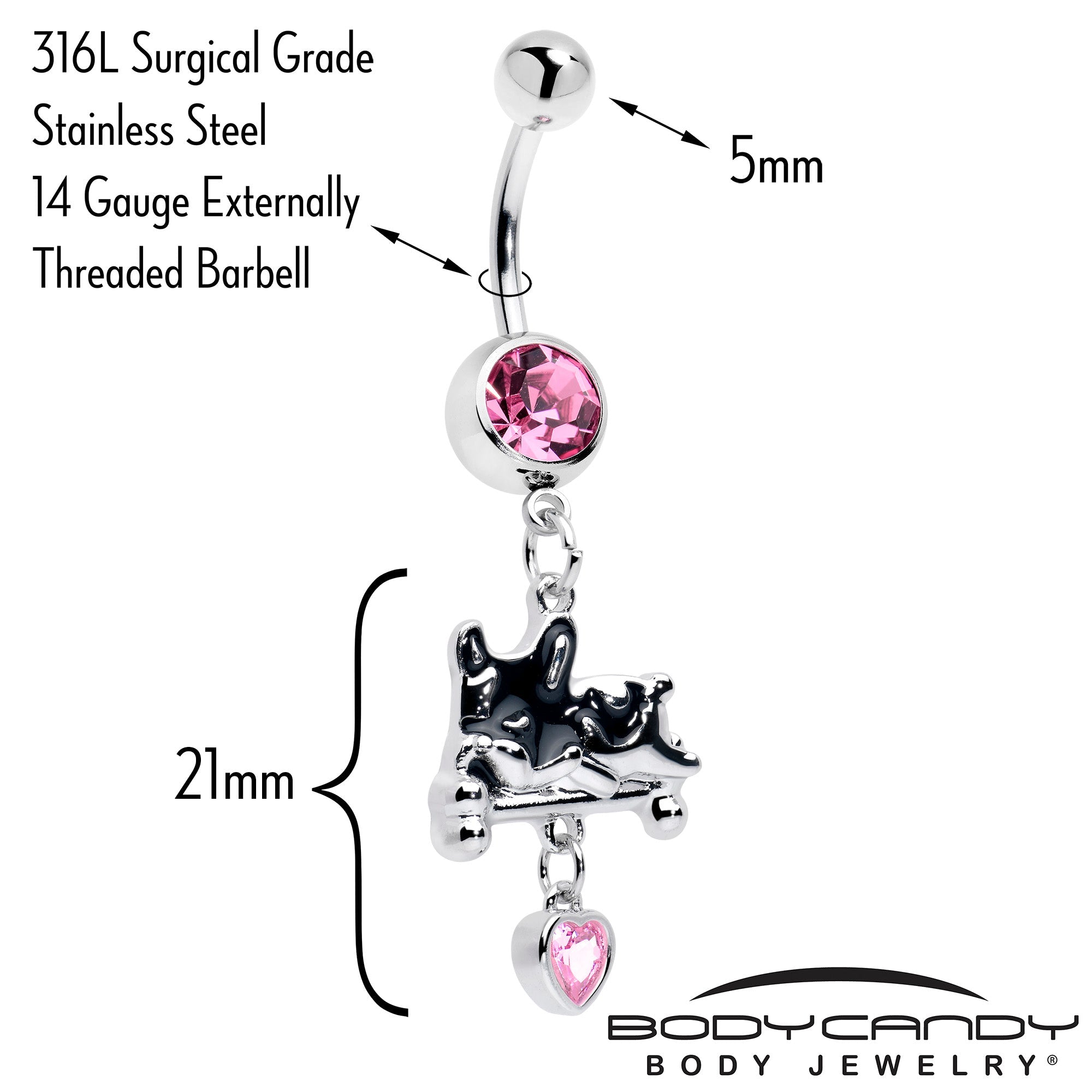 BodyCandy Pink Gem Sleepy French Bulldog Dangle Belly Ring — detail close-up