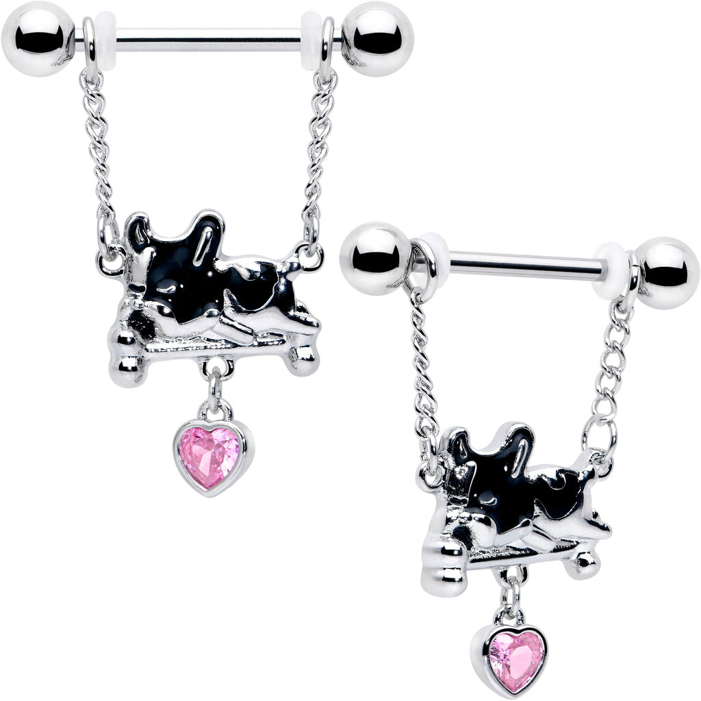 BodyCandy 14G 9/16 Pink Gem Sleepy French Bulldog Chain Dangle Nipple Ring Set — main product shot