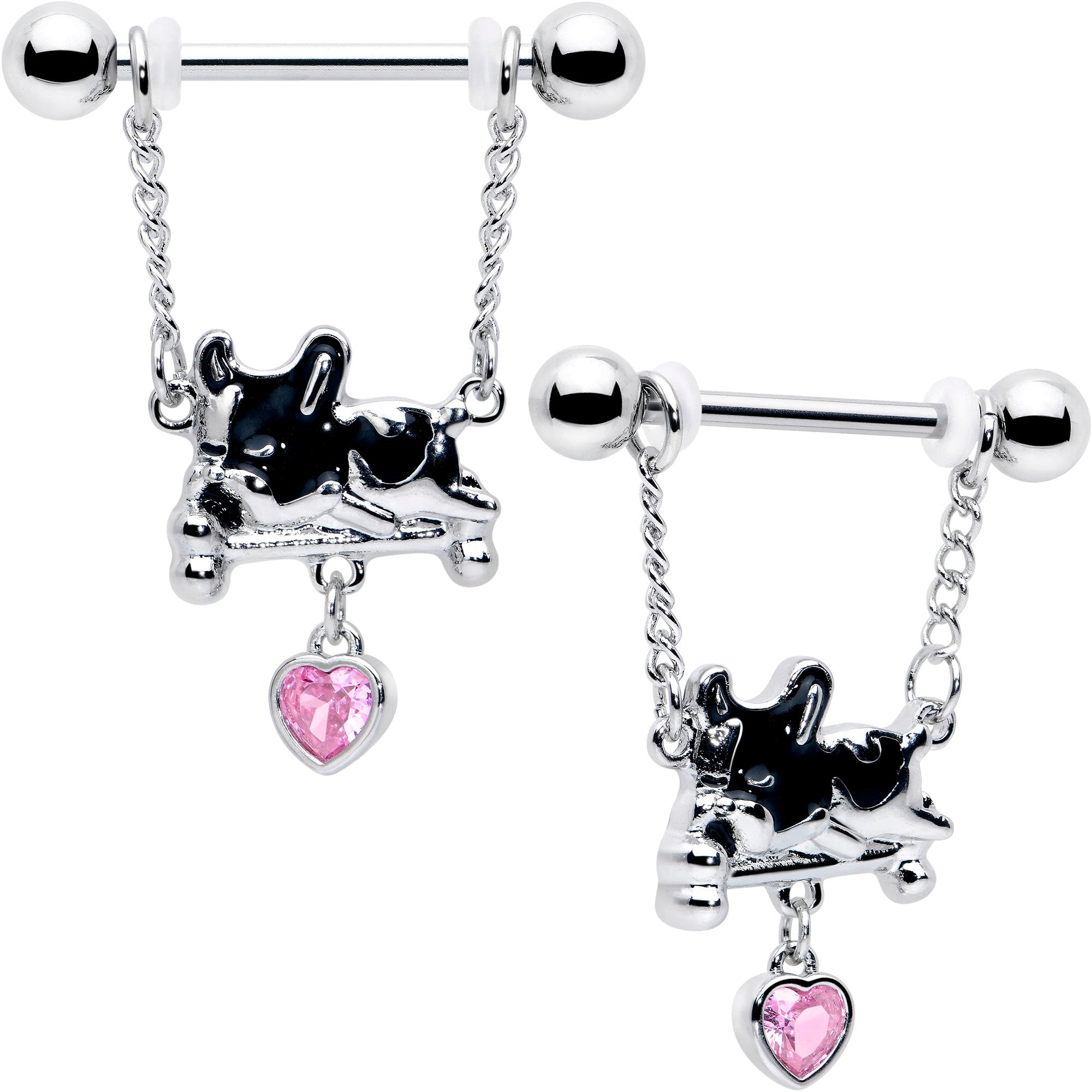 BodyCandy 14G 9/16 Pink Gem Sleepy French Bulldog Chain Dangle Nipple Ring Set — main product shot